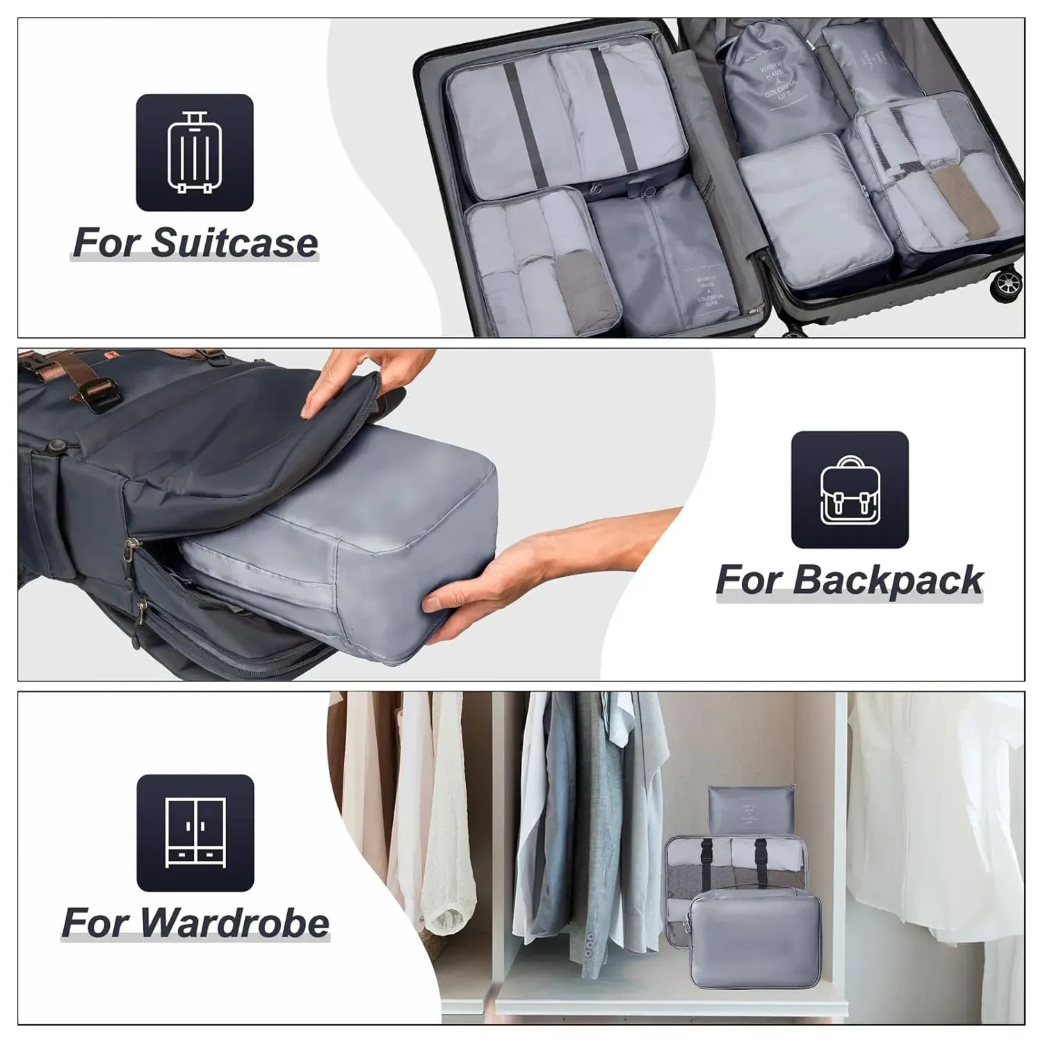 Set X7 Organizador Cubo Caja Ropa Maleta Equipaje Viaje Gris