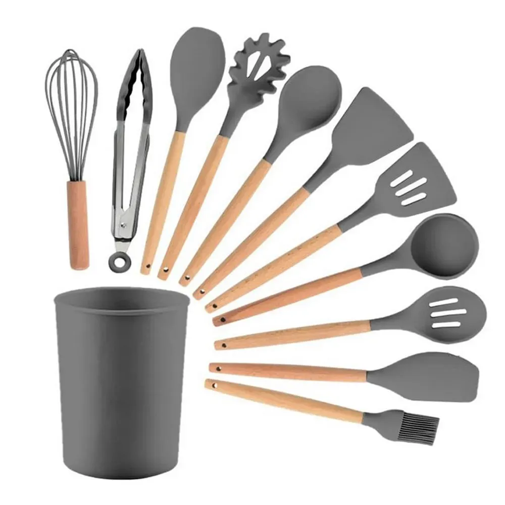 Set 12 Utensilios Cocina Esenciales Silicona Resistentes Calor Gris Oscuro