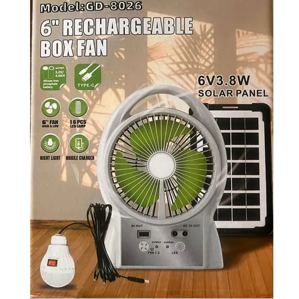 Mini Ventilador Recargable Panel Solar 6 in Bombillo Aspas Verdes