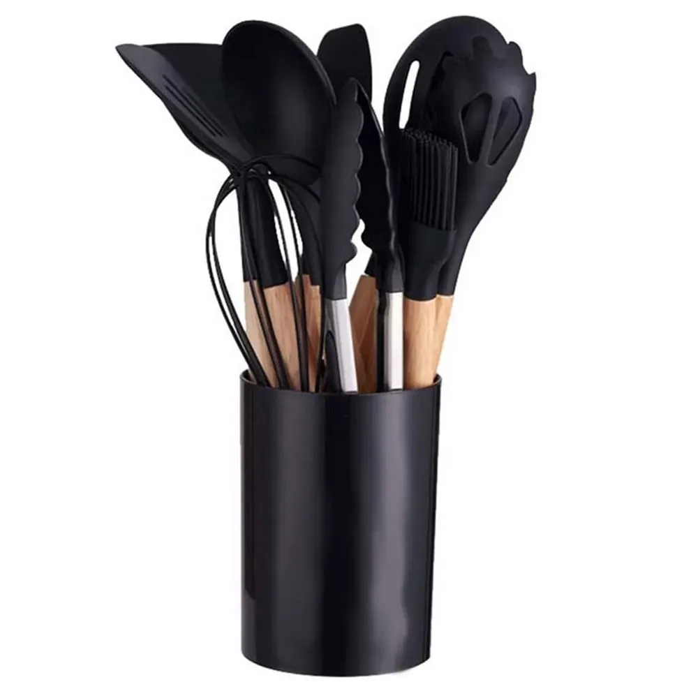 Set 12 Utensilios Cocina Esenciales Silicona Resistentes Calor Negro