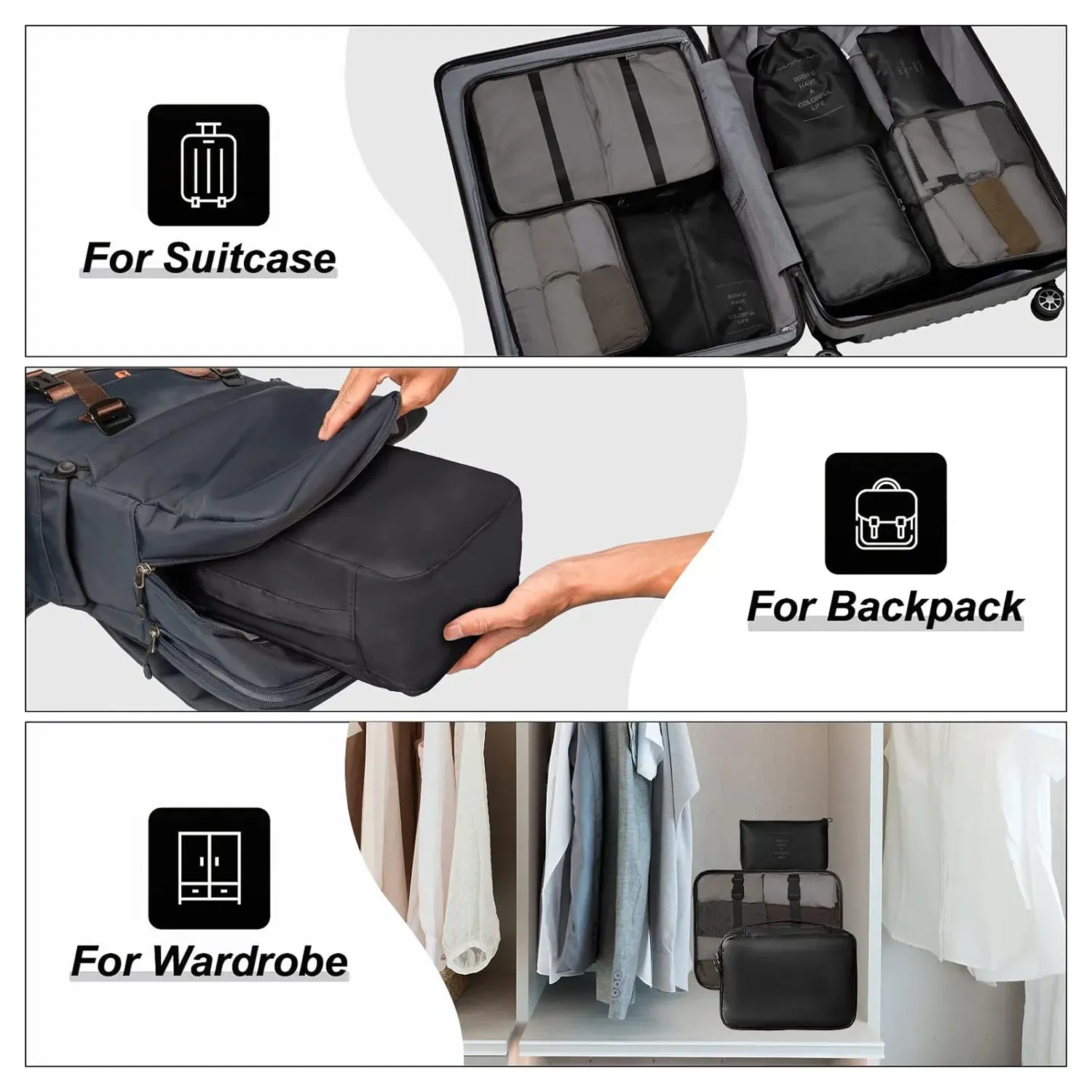 Set X7 Organizador Cubo Caja Ropa Maleta Equipaje Viaje Negro