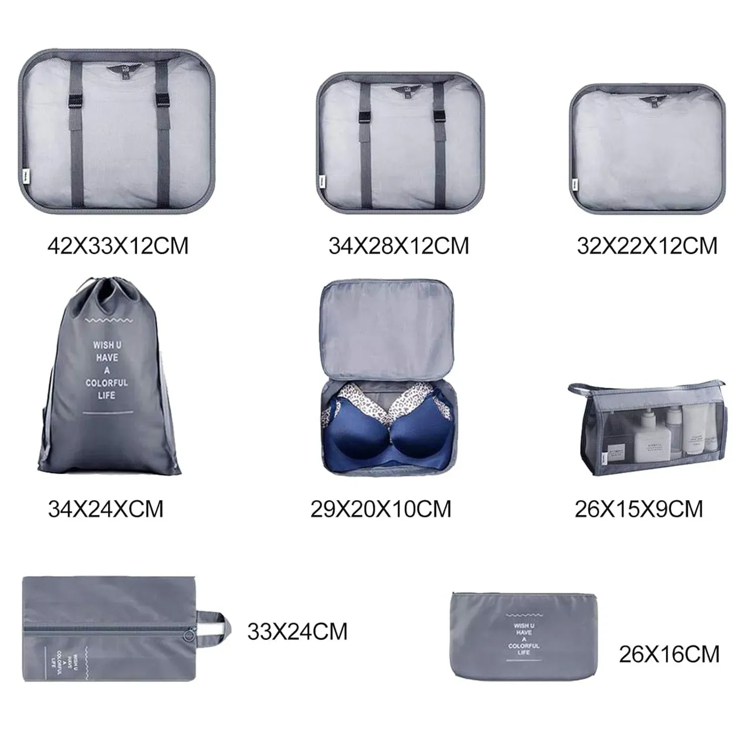 Set X8 Organizador Cubo Caja Ropa Maleta Equipaje Viaje Gris 