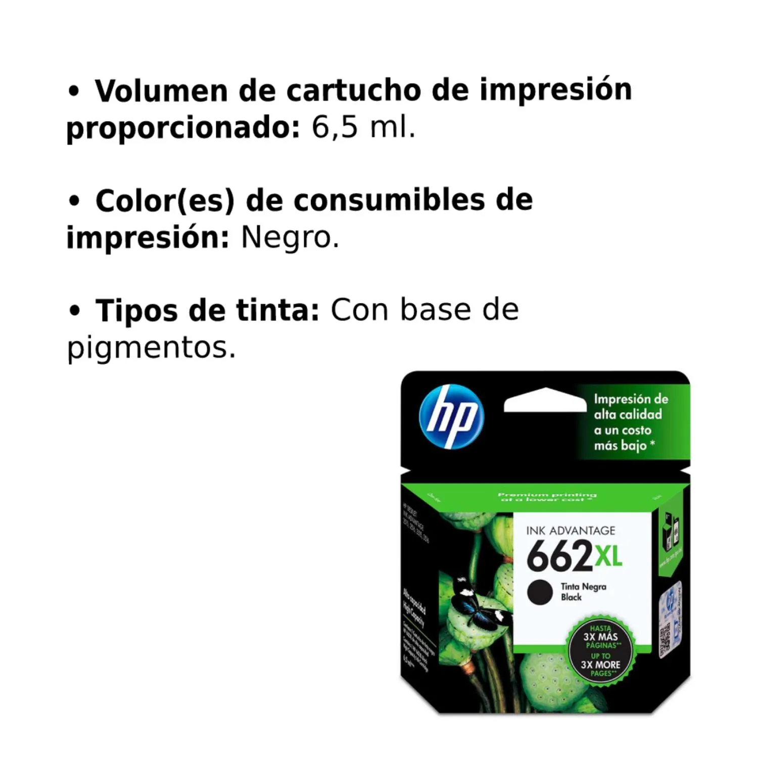 Cartucho Original De Tinta Hp 662xl Alto Rendimiento Negra, 360 Páginas, 6.5 ml