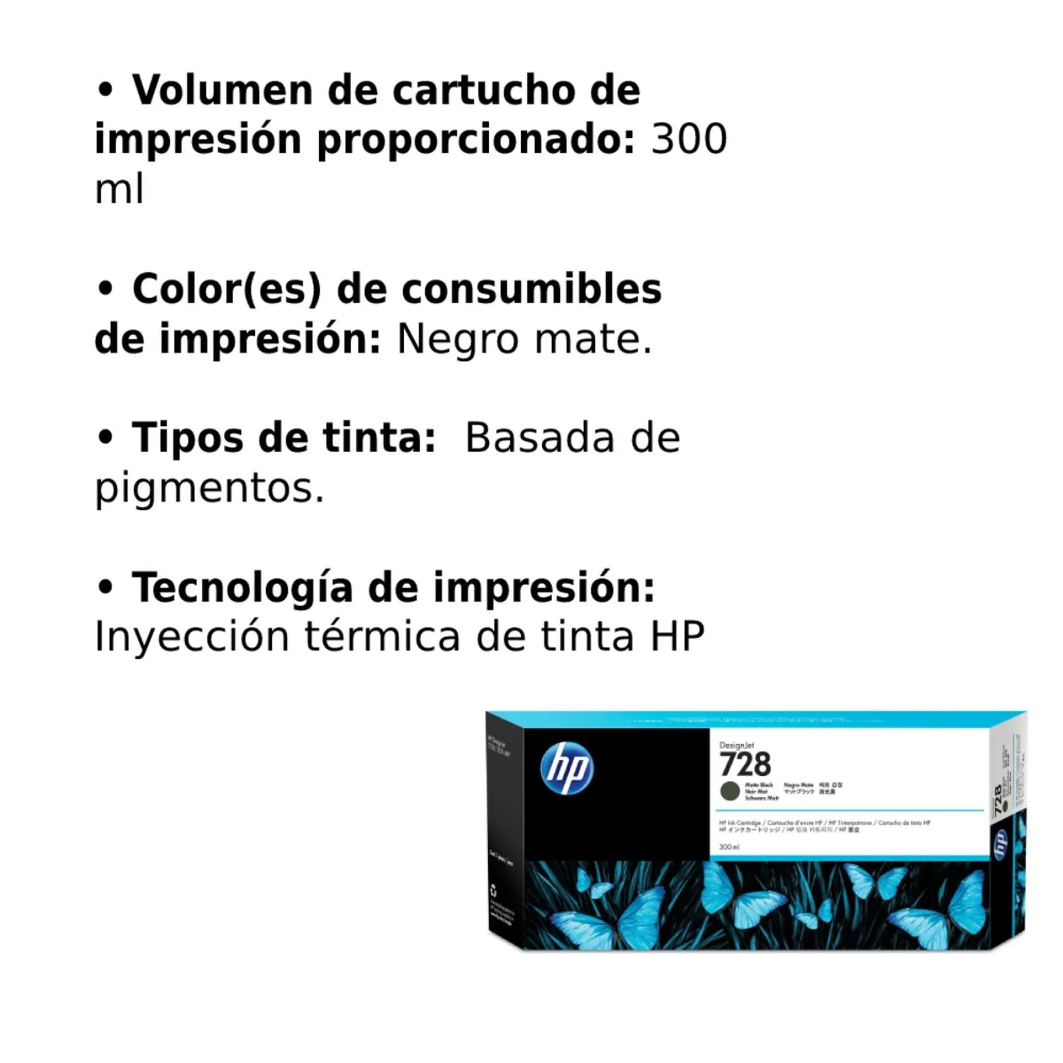 Cartucho Original De Tinta Hp 728 Negro Mate, 300ml