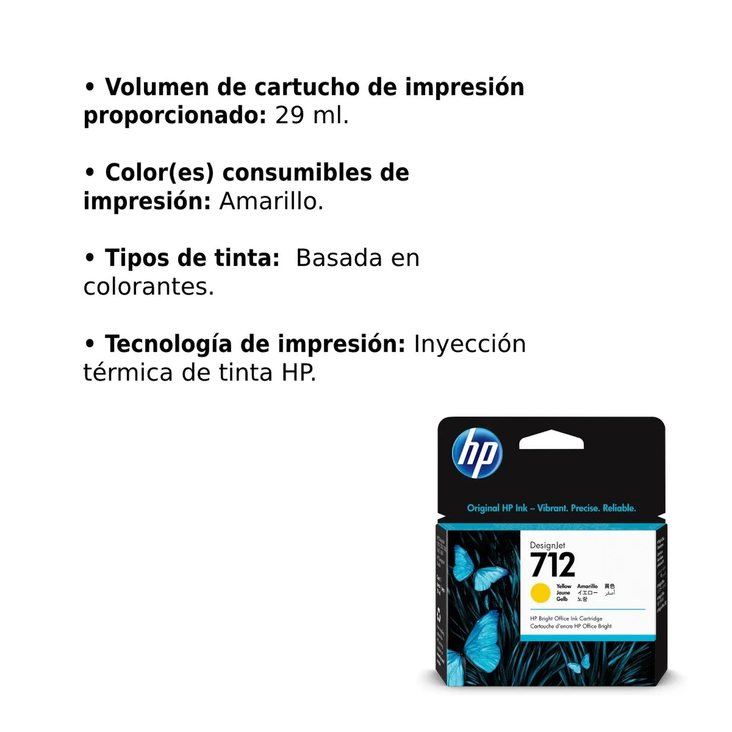 Cartucho Original De Tinta Hp 712 Amarillo, 29 ml