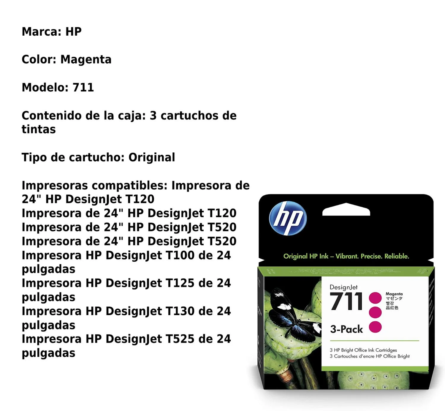 Cartucho Original De Tinta Hp 711 Magenta 3 Pack, 29 ml