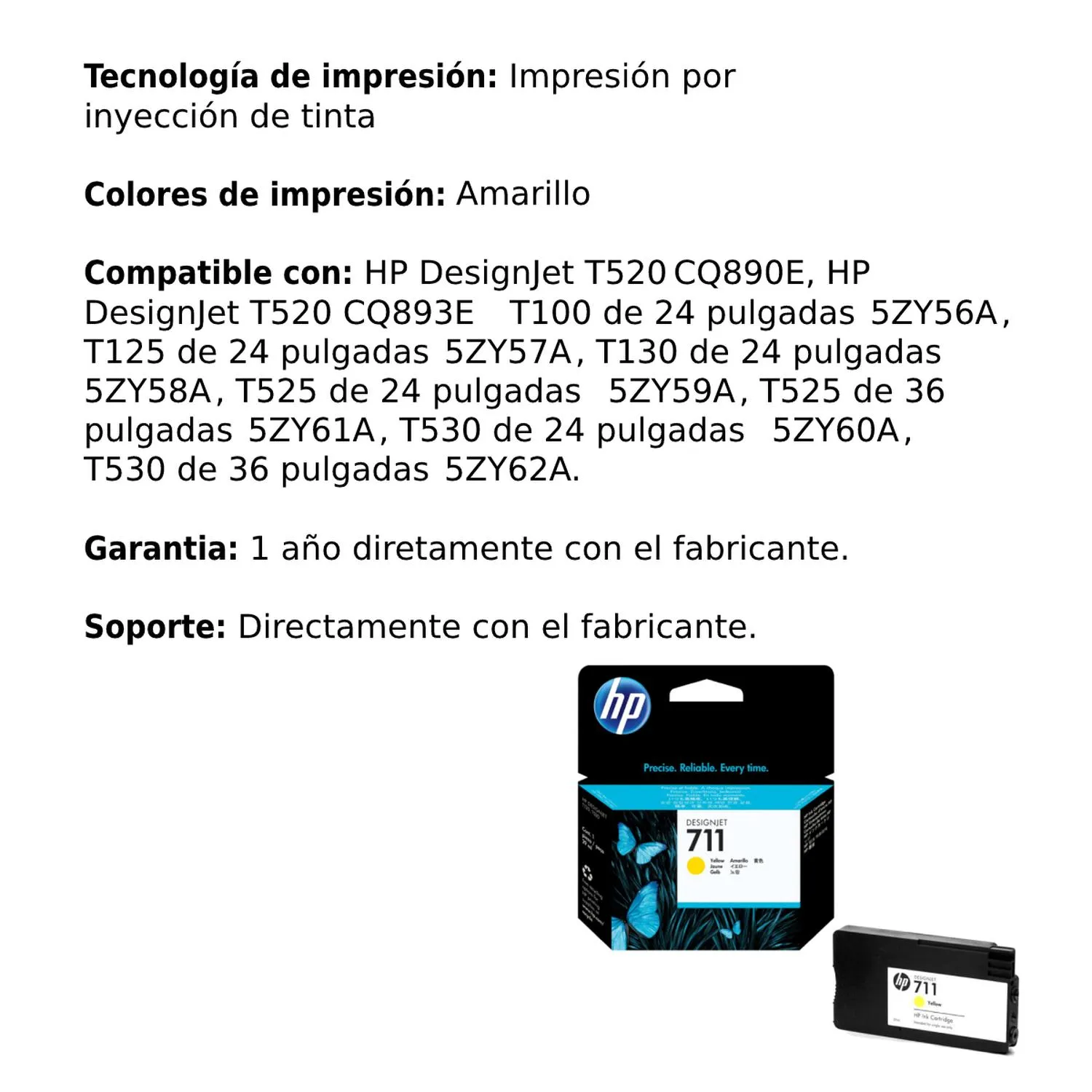 Cartucho Original De Tinta Hp 711 Amarillo, 29ml