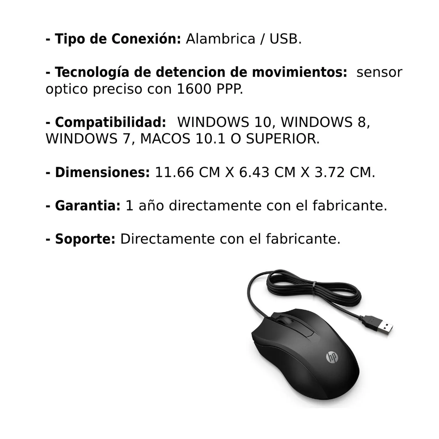 Mouse Con Cable Hp 100 Negro