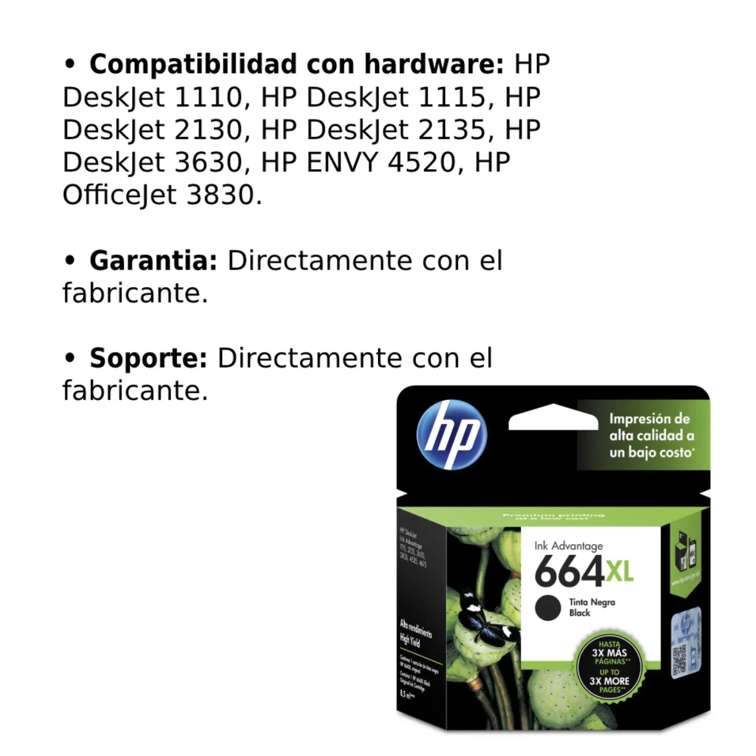 Cartucho Original De Tinta Hp 664xl Alto Rendimiento Negra, 480 Páginas, 8.5 ml