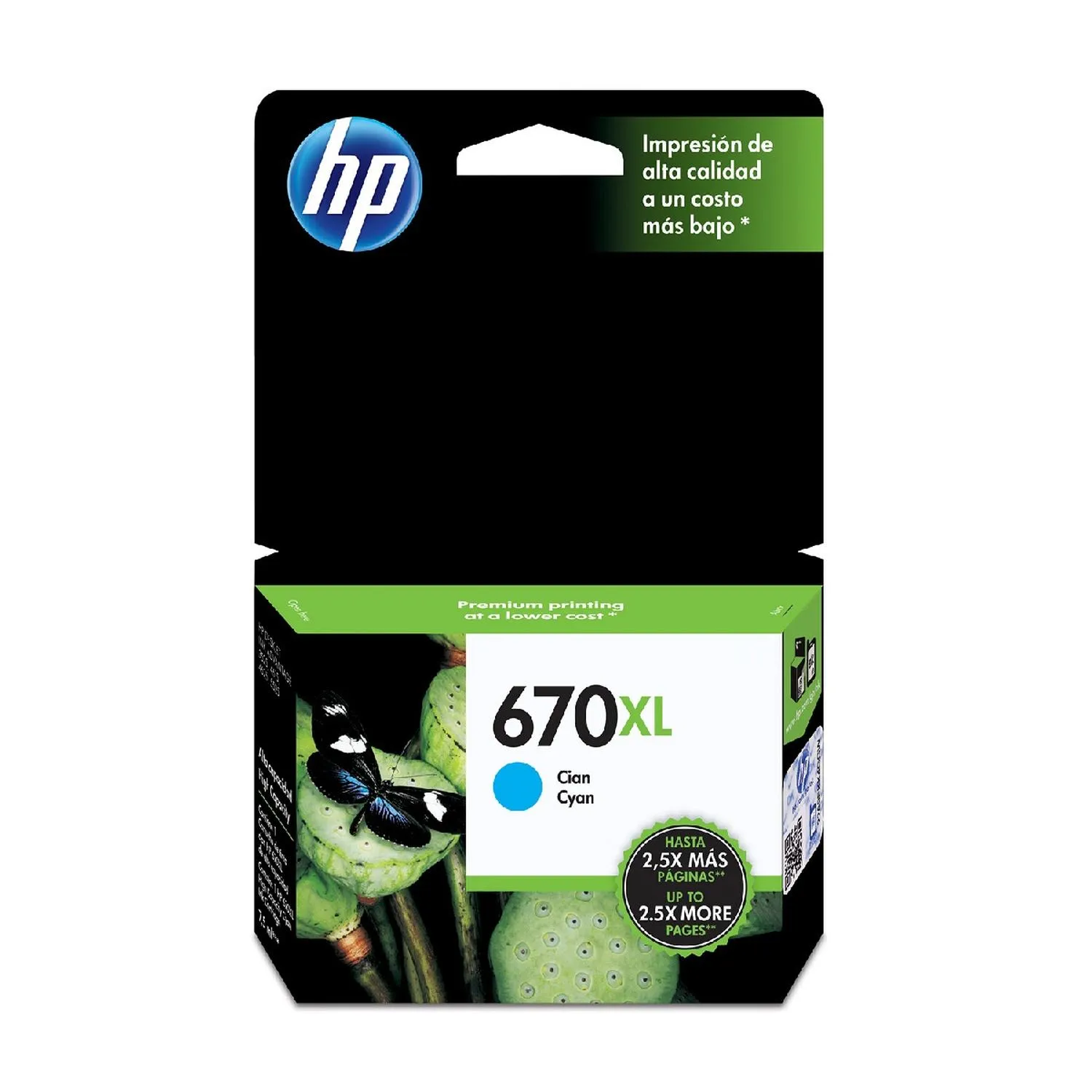 Cartucho Original De Tinta Hp 670xl Alto Rendimiento Cian, 750 Páginas, 7.5 ml