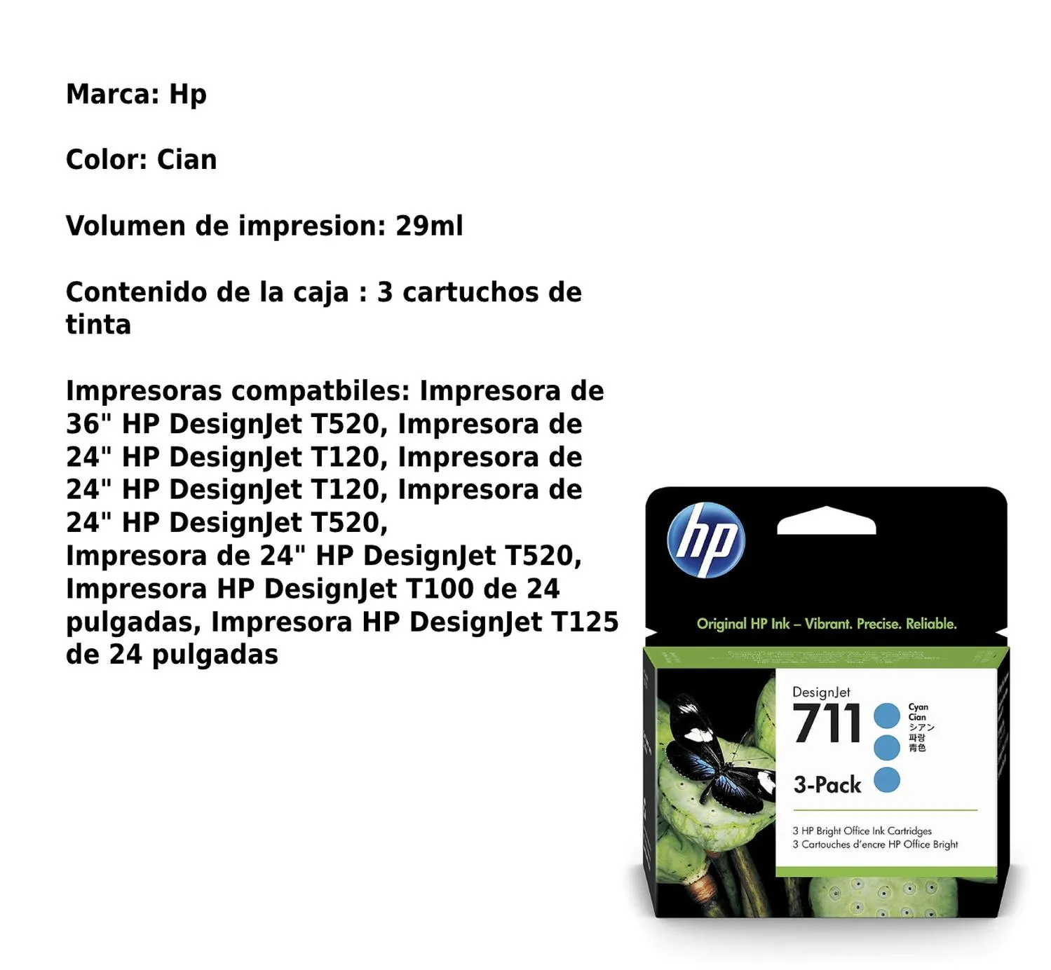 Cartucho Original De Tinta Hp 711 Cian 3 Pack, 29ml