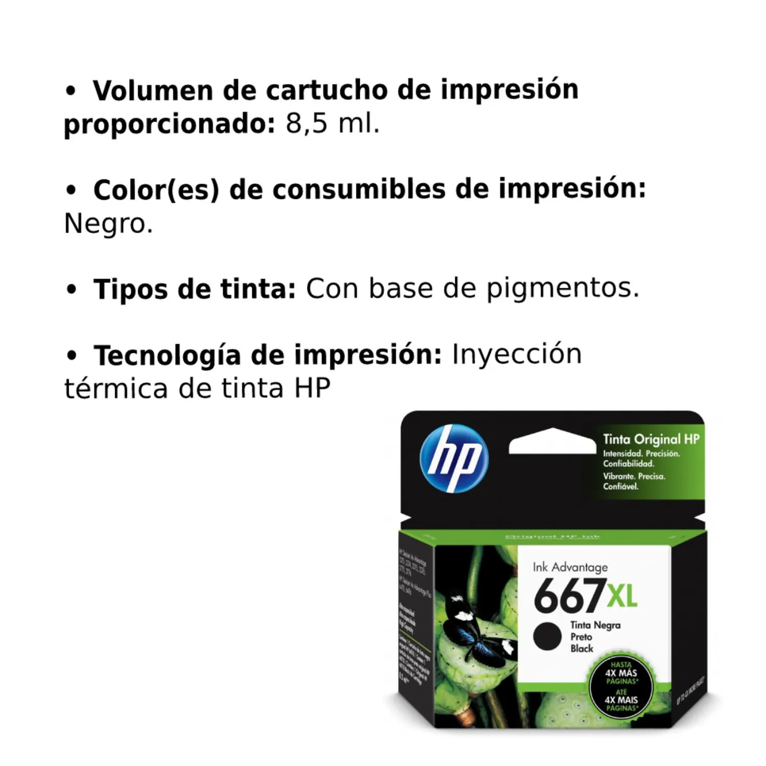 Cartucho Original De Tinta Hp 667xl Alto Rendimiento Negro, 480 Páginas, 8.5 ml