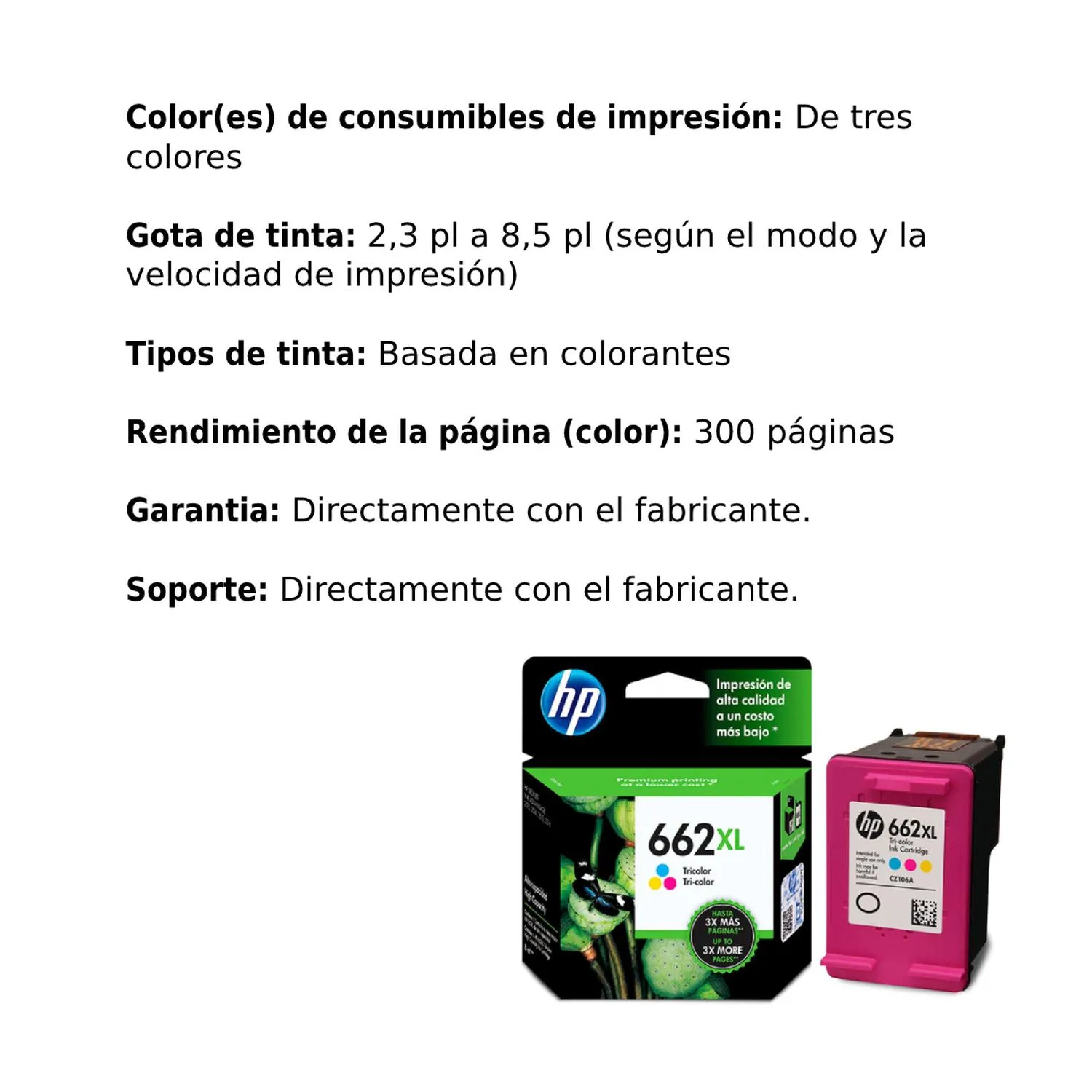 Cartucho Original De Tinta Hp 662xl Alto Rendimiento Tricolor, 300 Páginas, 8 ml