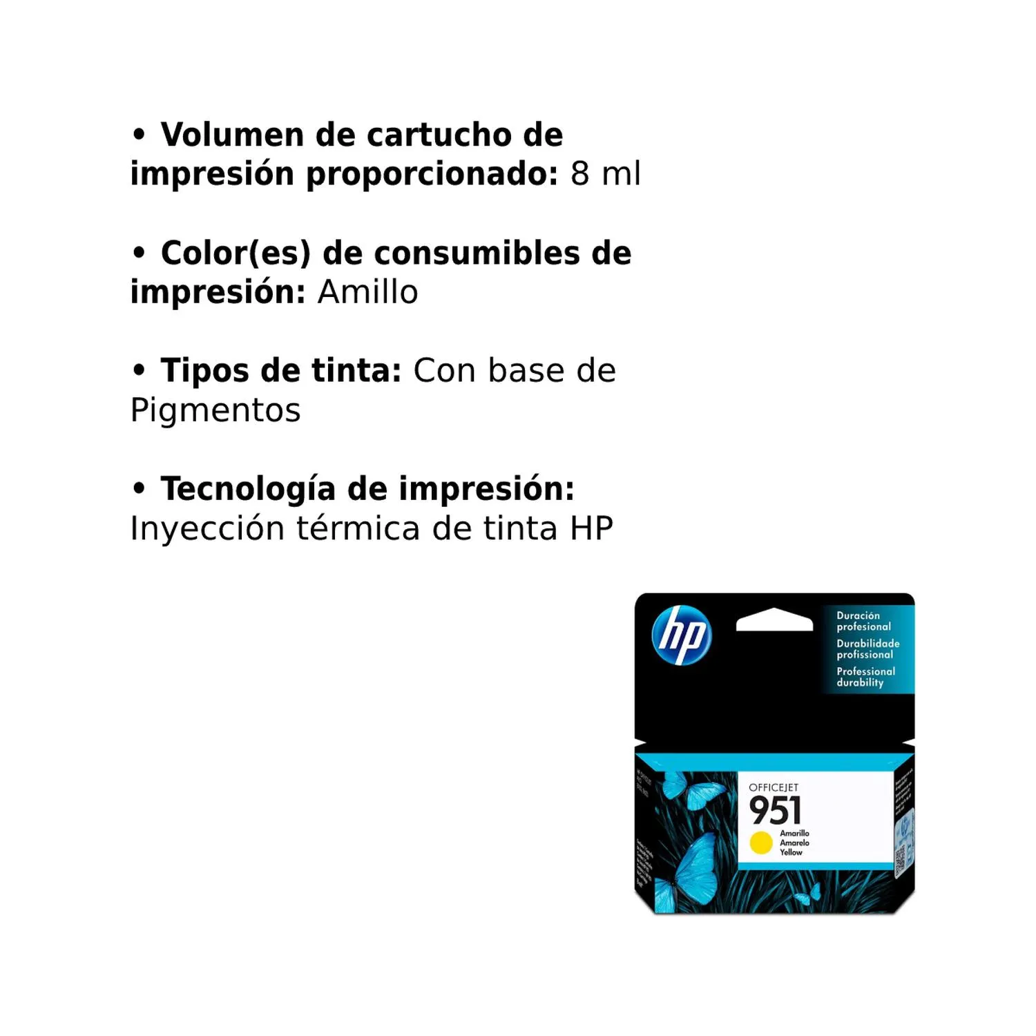 Cartucho Original De Tinta Hp 951 Amarillo, 700 Páginas, 8 ml