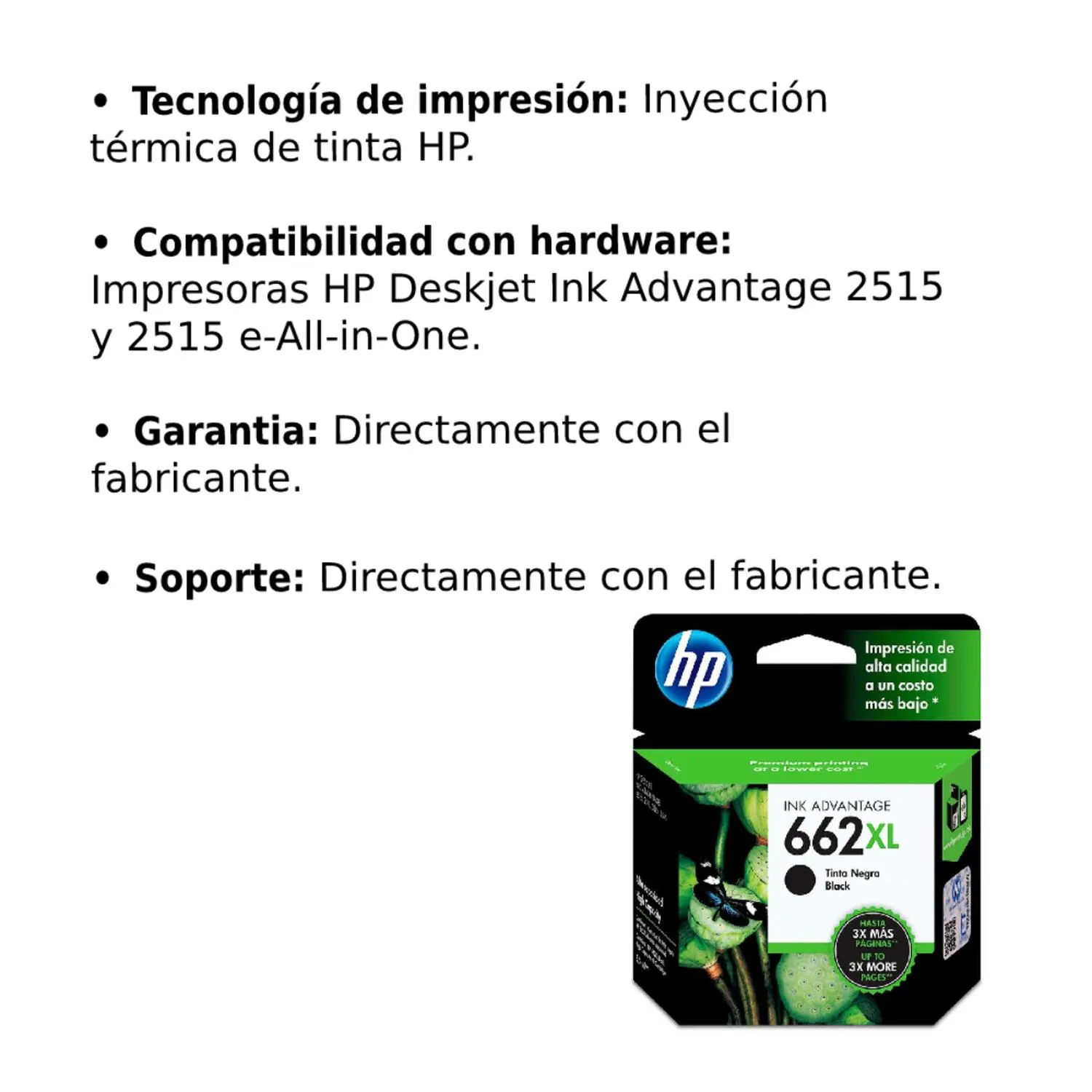 Cartucho Original De Tinta Hp 662xl Alto Rendimiento Negra, 360 Páginas, 6.5 ml