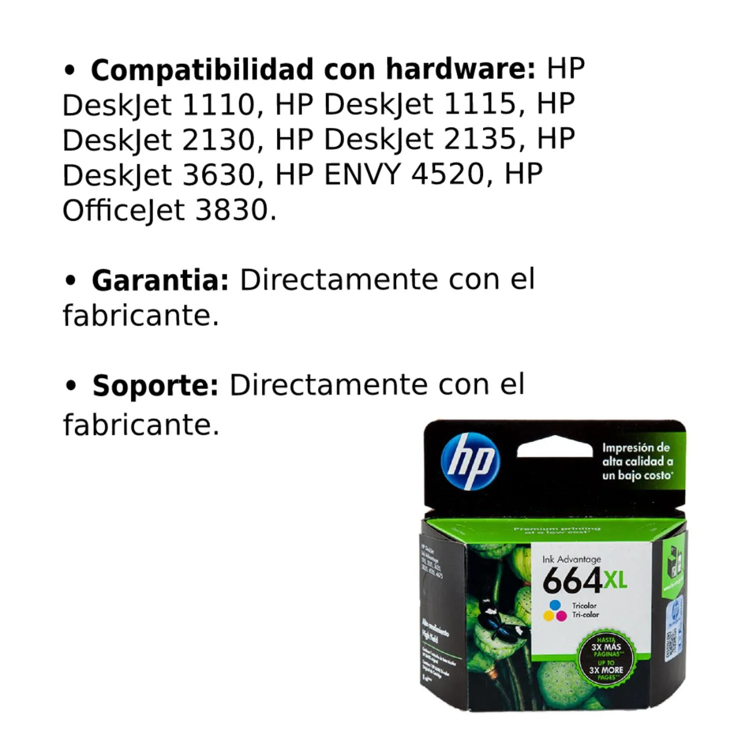 Cartucho Original De Tinta Hp 664xl Alto Rendimiento Tricolor, 330 Páginas, 8 ml