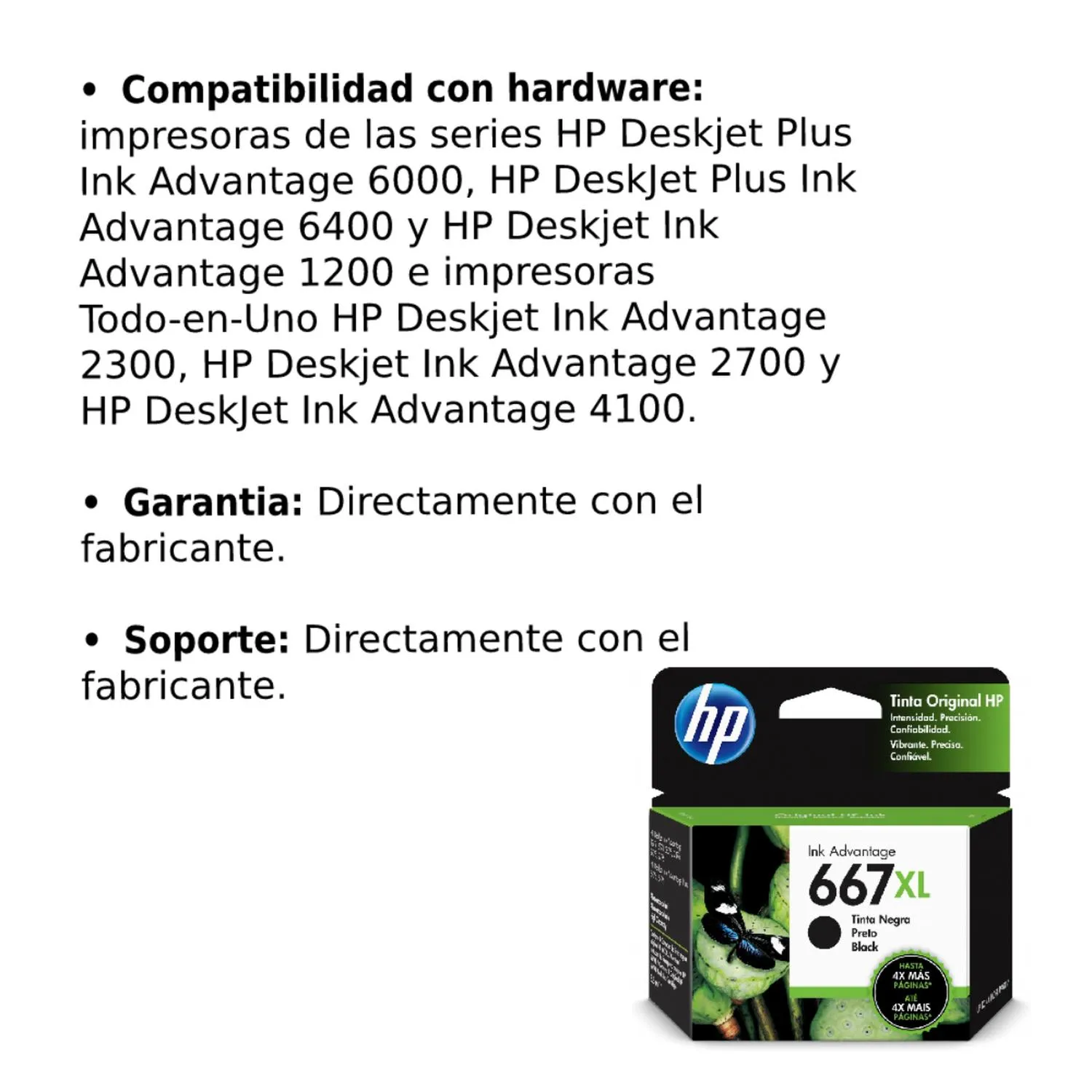 Cartucho Original De Tinta Hp 667xl Alto Rendimiento Negro, 480 Páginas, 8.5 ml