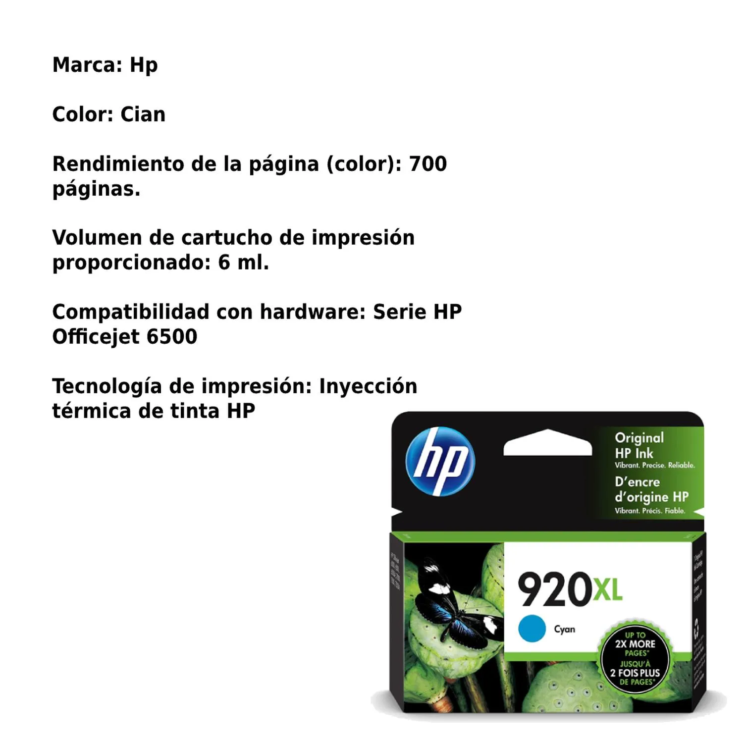 Cartucho Original De Tinta Hp 920xl Alto Rendimiento Cian, 700 Páginas, 6 ml