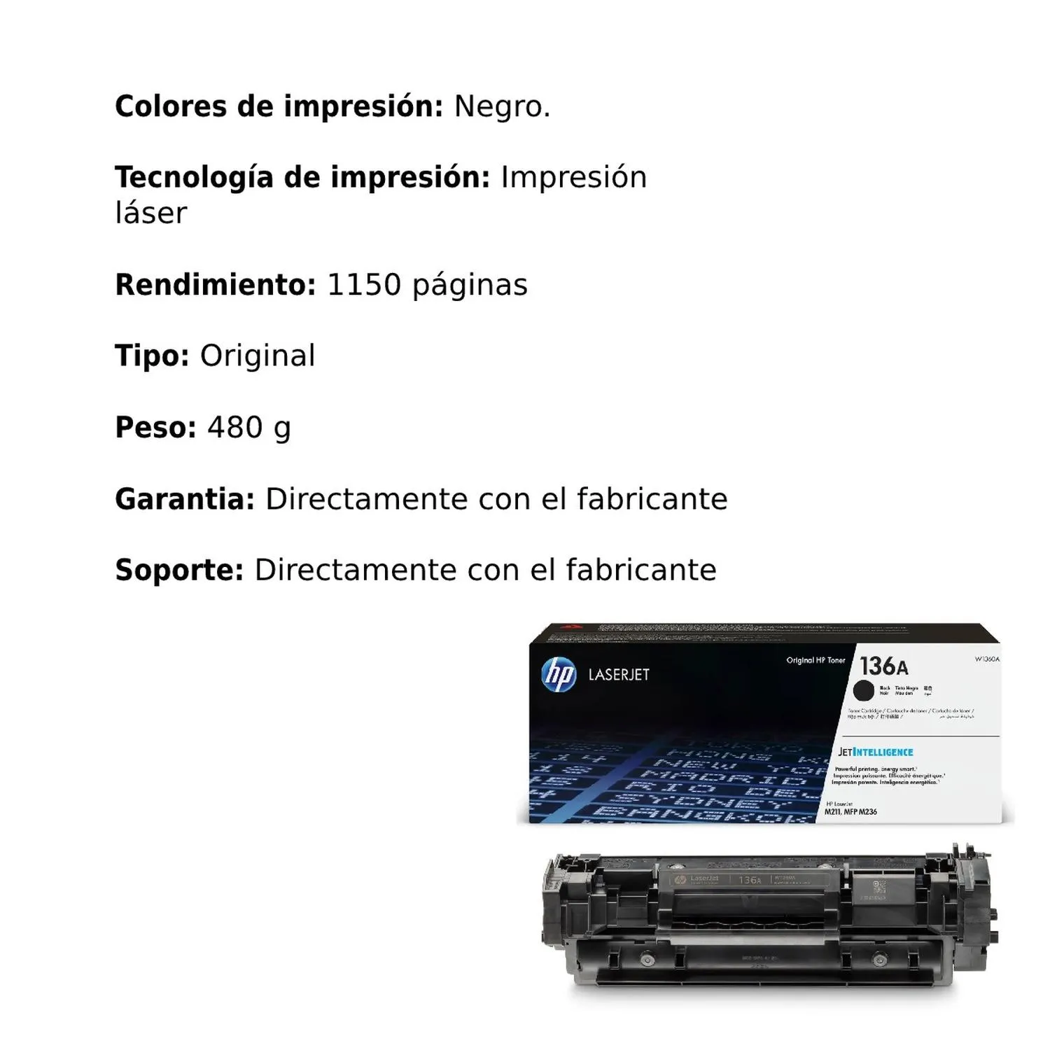 Cartucho Original De Tóner Hp 136A Negro, 1.150 Páginas