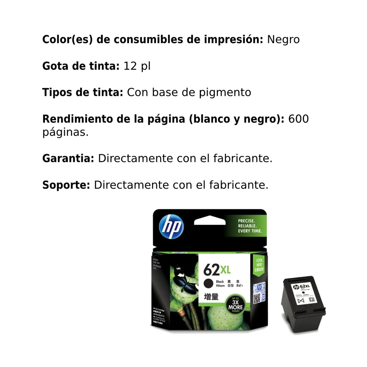 Cartucho Original De Tinta Hp 62xl Alto Rendimiento Negro, 600 Páginas, 12 ml