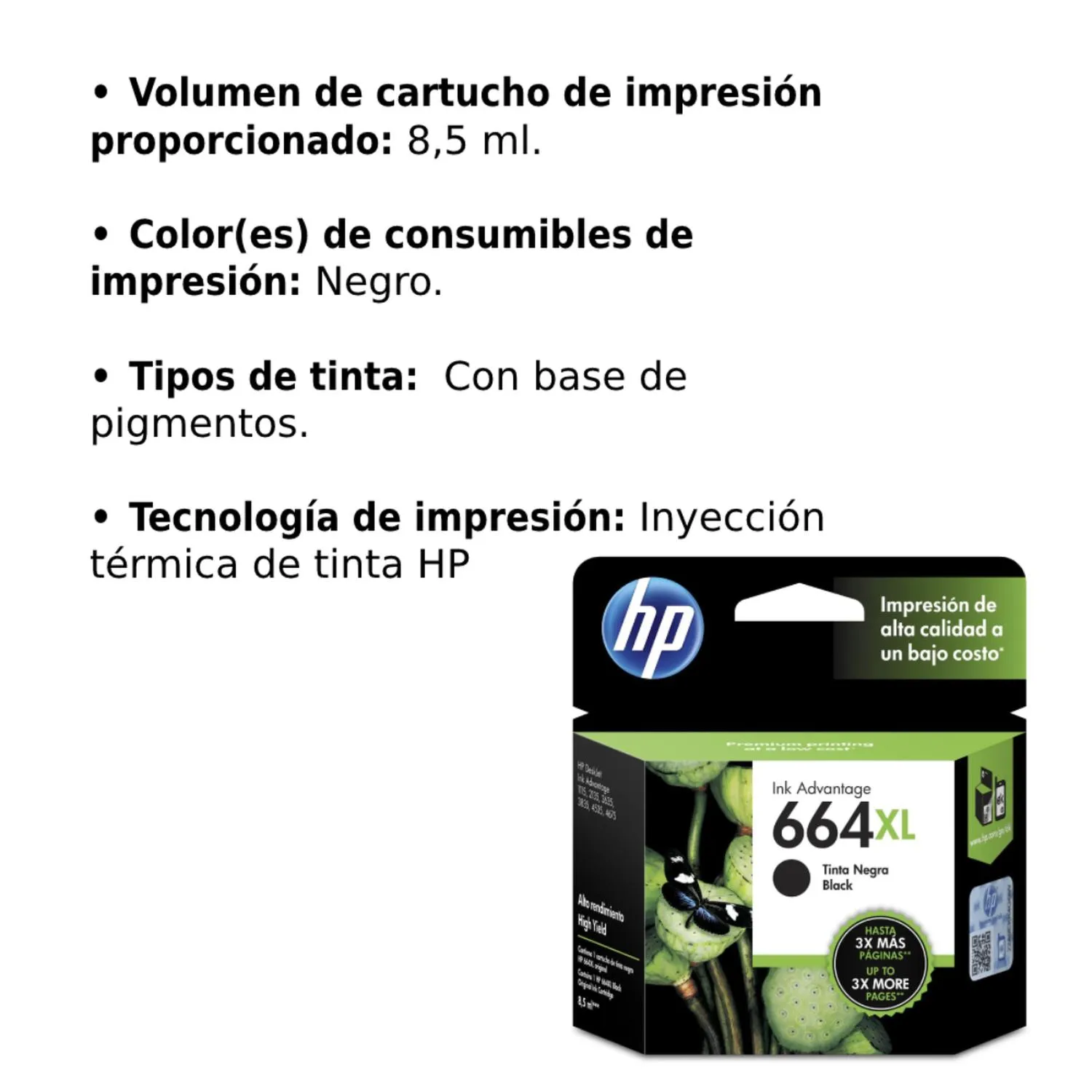 Cartucho Original De Tinta Hp 664xl Alto Rendimiento Negra, 480 Páginas, 8.5 ml