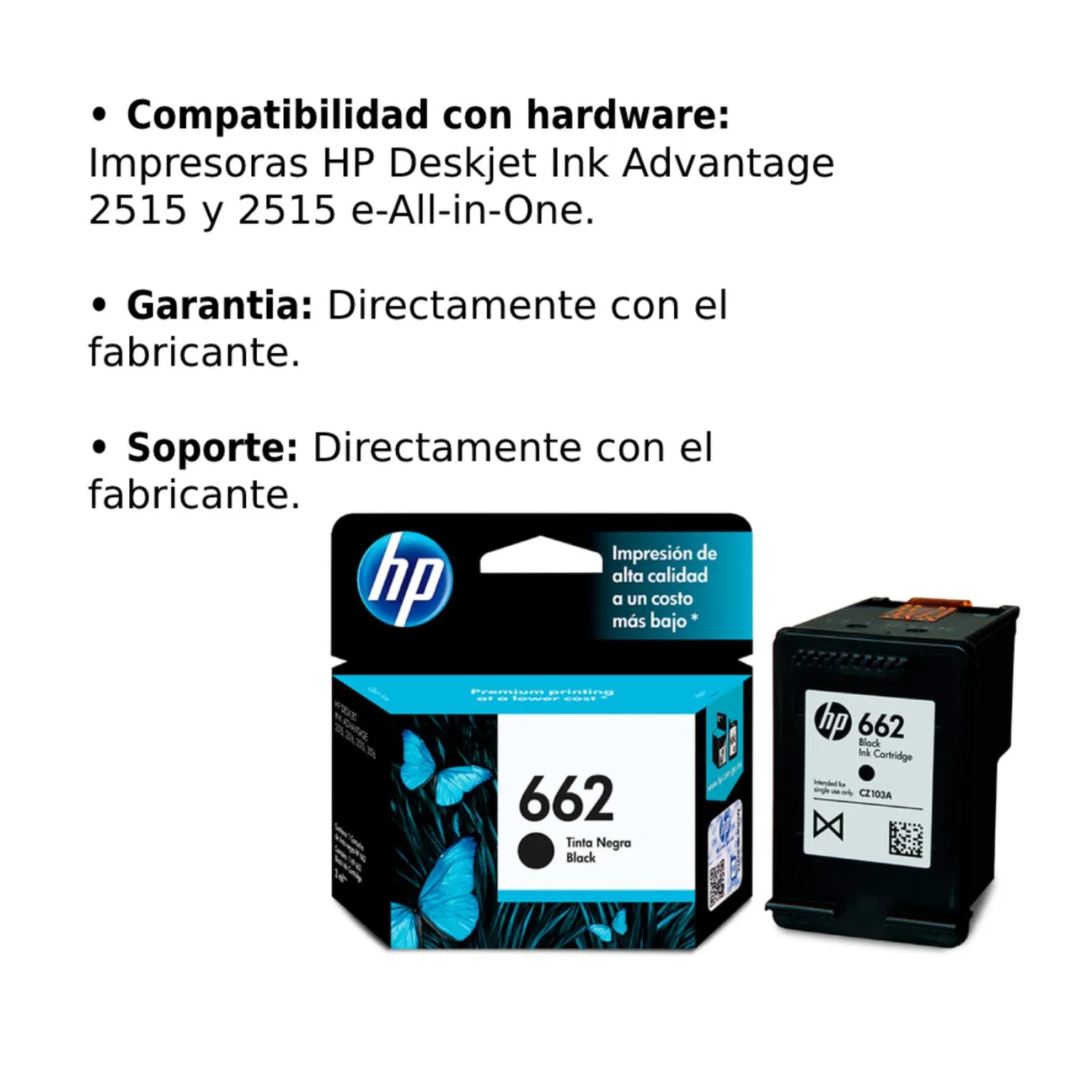 Cartucho Original De Tinta Hp 662 Negro, 120 Páginas, 2 ml