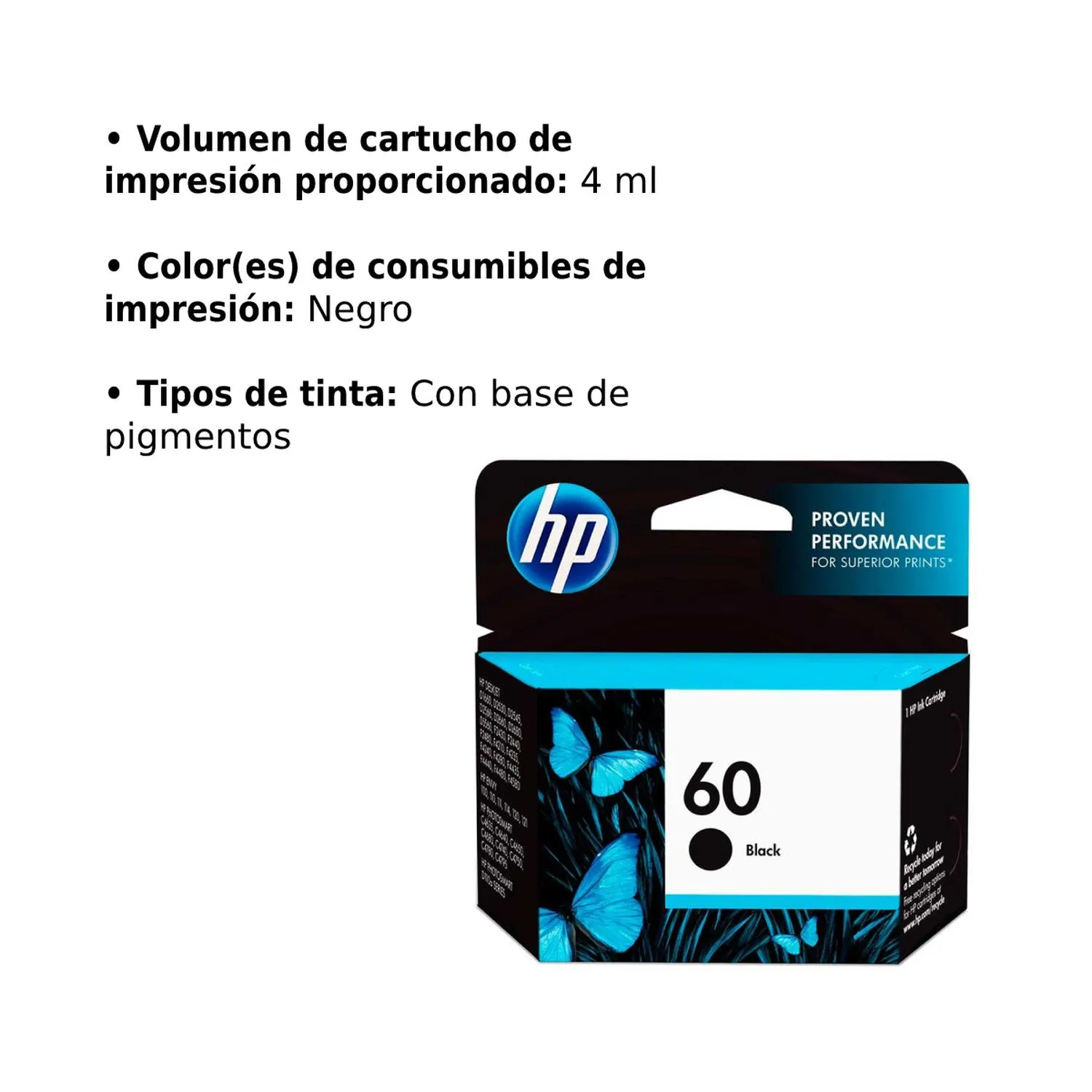 Cartucho Original De Tinta Hp 60 Negra, 200 Páginas, 4 ml