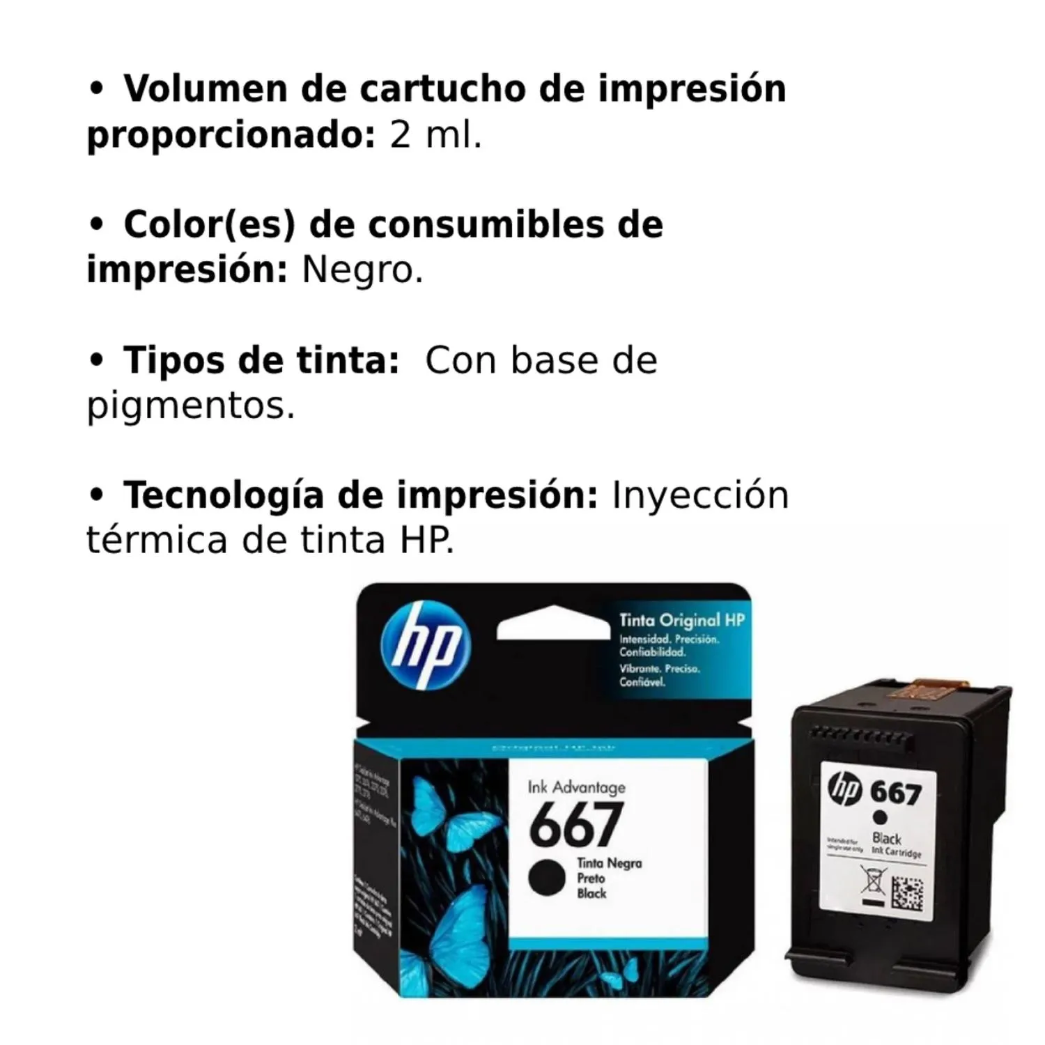 Cartucho Original De Tinta Hp 667 Negro, 120 Páginas, 2 ml