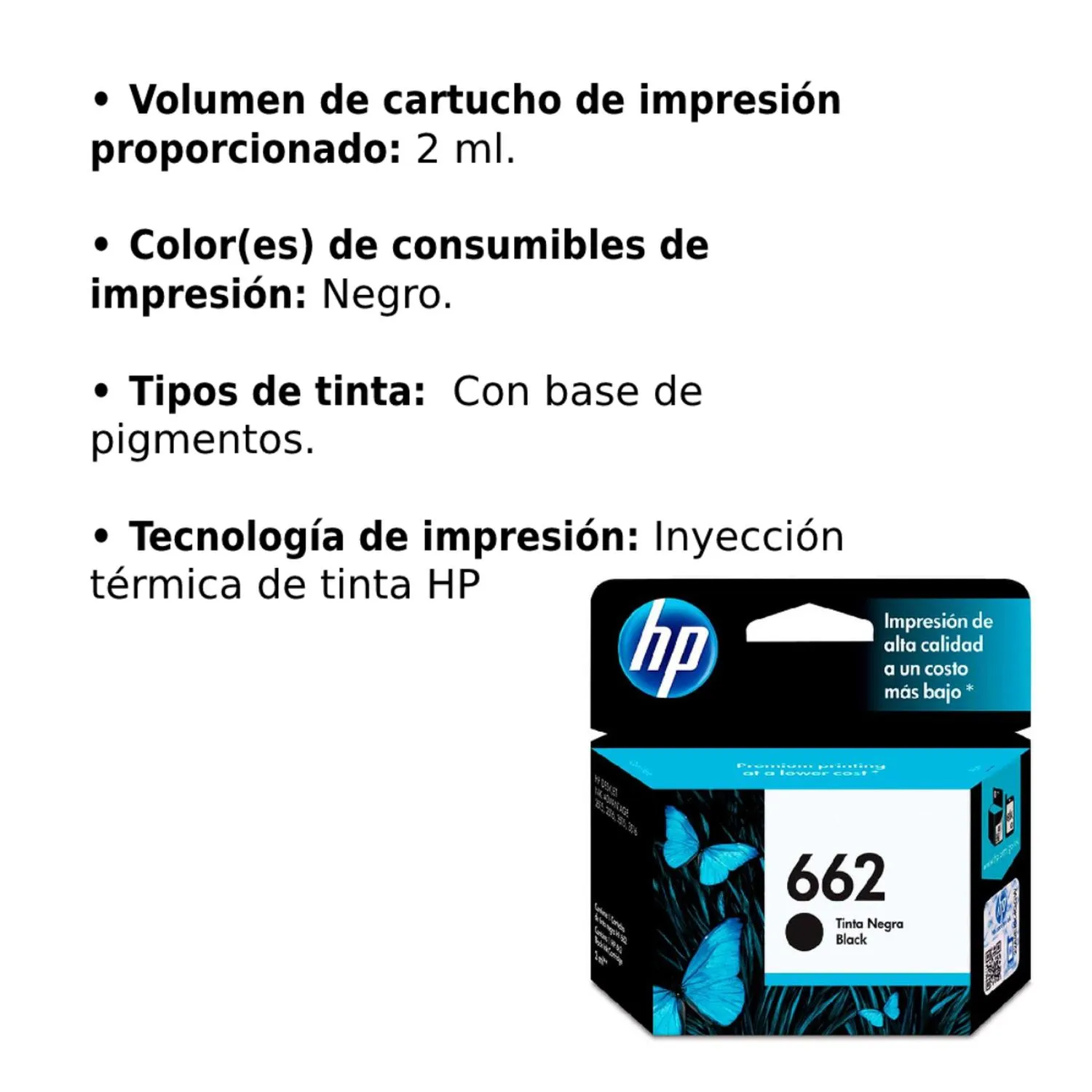 Cartucho Original De Tinta Hp 662 Negro, 120 Páginas, 2 ml