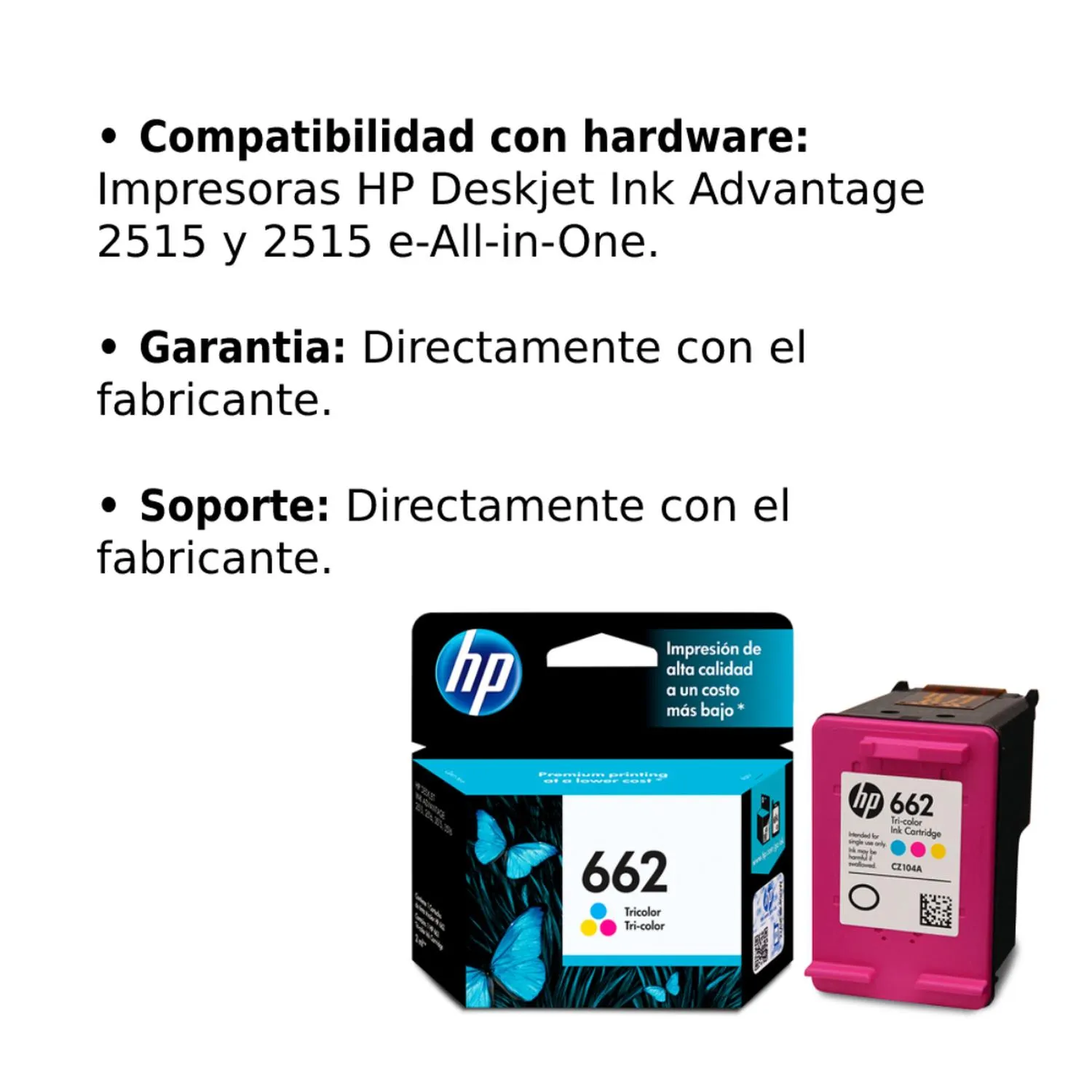 Cartucho Original De Tinta Hp 662 Tricolor, 100 Páginas, 2 ml