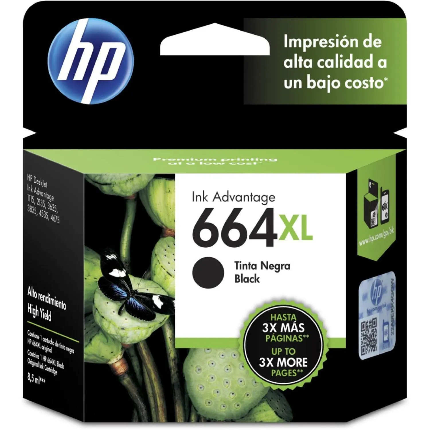 Cartucho Original De Tinta Hp 664xl Alto Rendimiento Negra, 480 Páginas, 8.5 ml