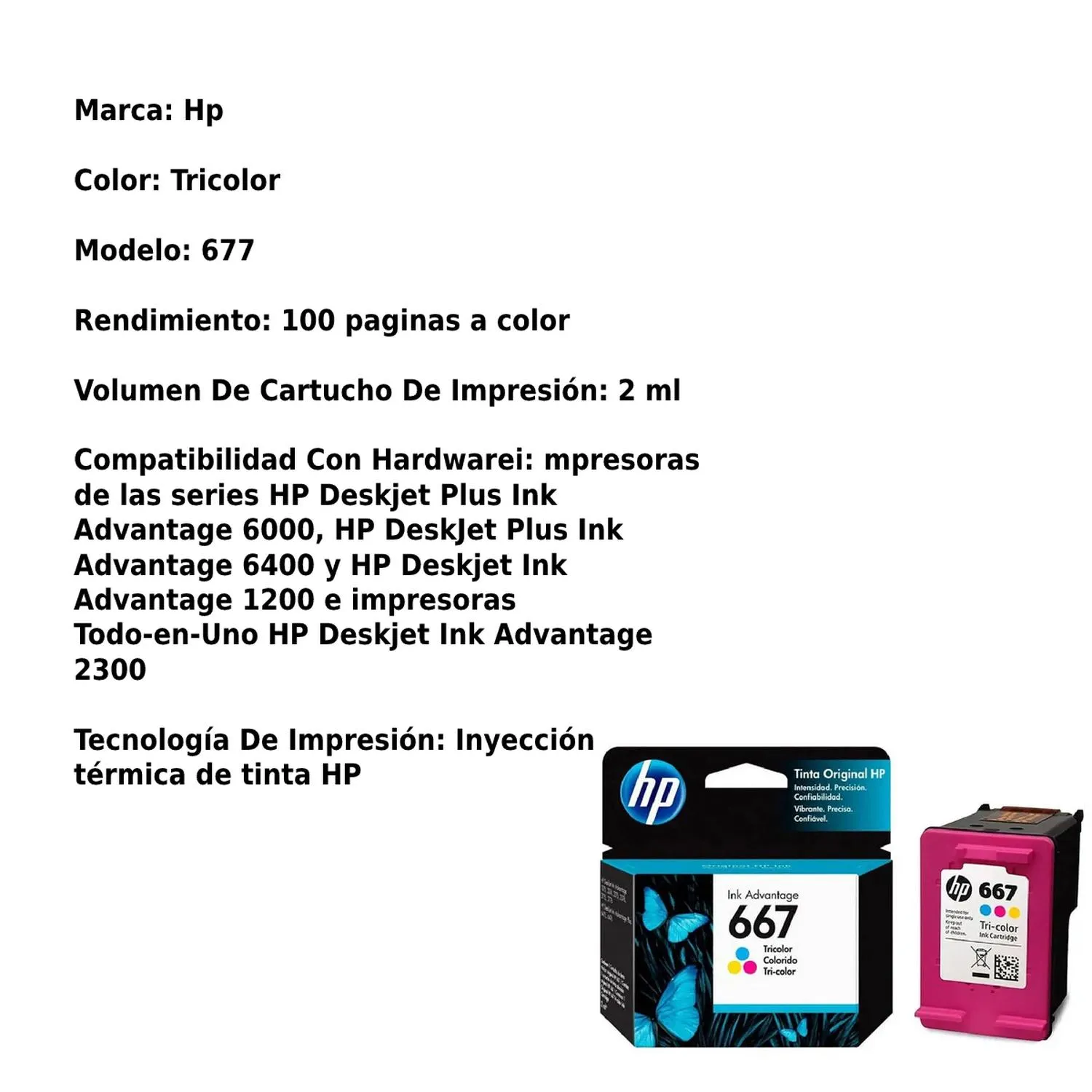 Cartucho Original De Tinta Hp 667 Tricolor, 100 Páginas, 2 ml