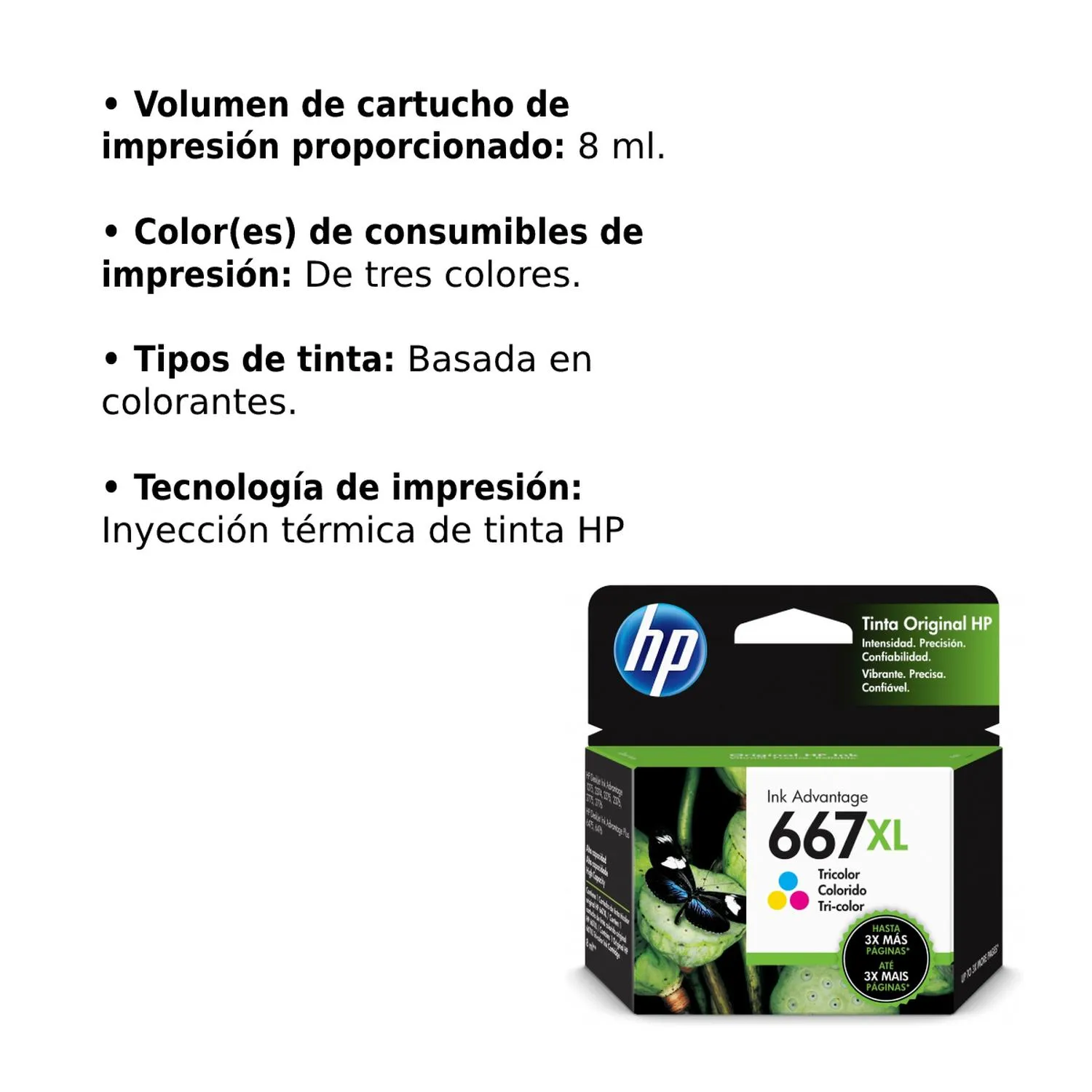 Cartucho Original De Tinta Hp 667xl Alto Rendimiento Tricolor, 330 Páginas, 8 ml