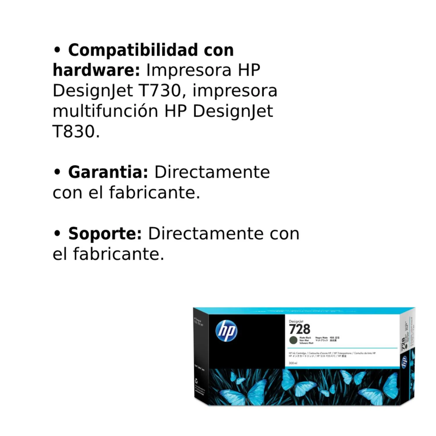 Cartucho Original De Tinta Hp 728 Negro Mate, 300ml