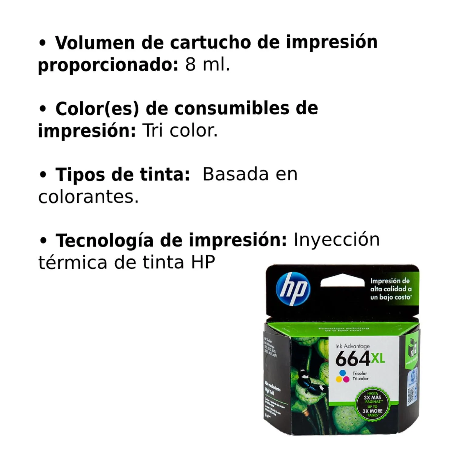 Cartucho Original De Tinta Hp 664xl Alto Rendimiento Tricolor, 330 Páginas, 8 ml