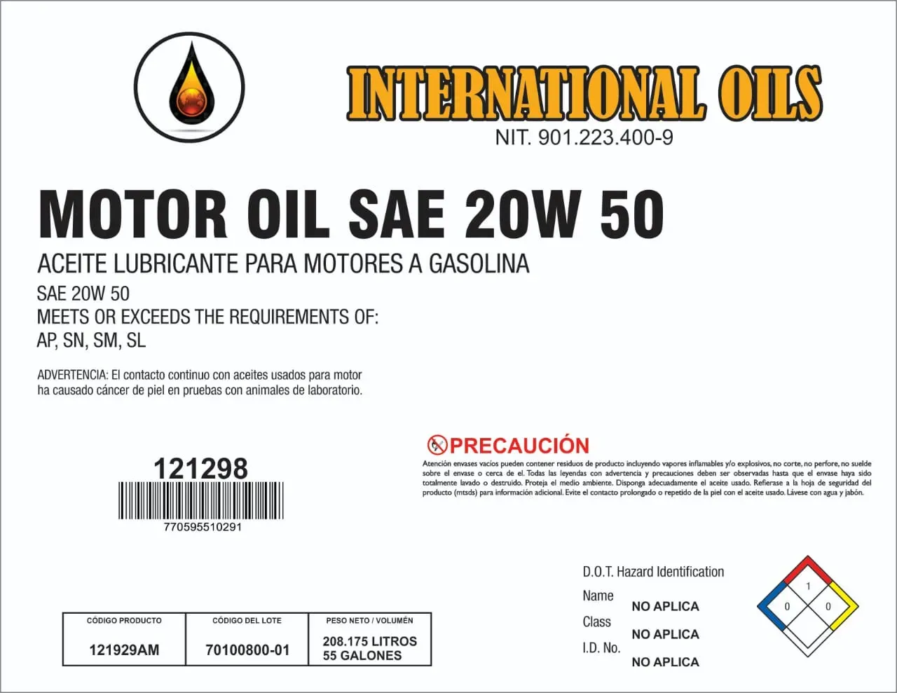 Lubricante 20W50 Para Automovil 5 Galones