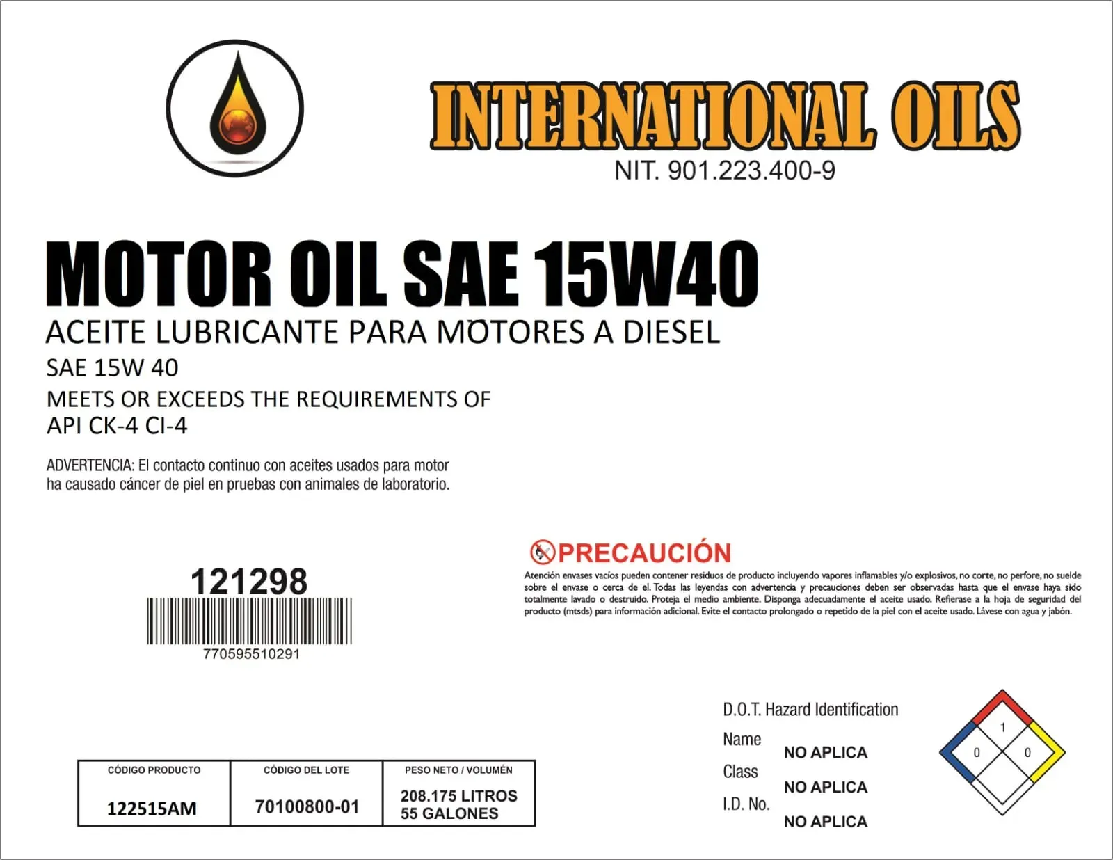 Tambor Lubricante 15W40 CK4 Diesel