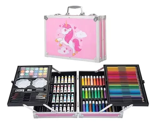 Set De Arte Maleta 145 Metálico Piezas Para Niños Creatividad Dibujo Rosado