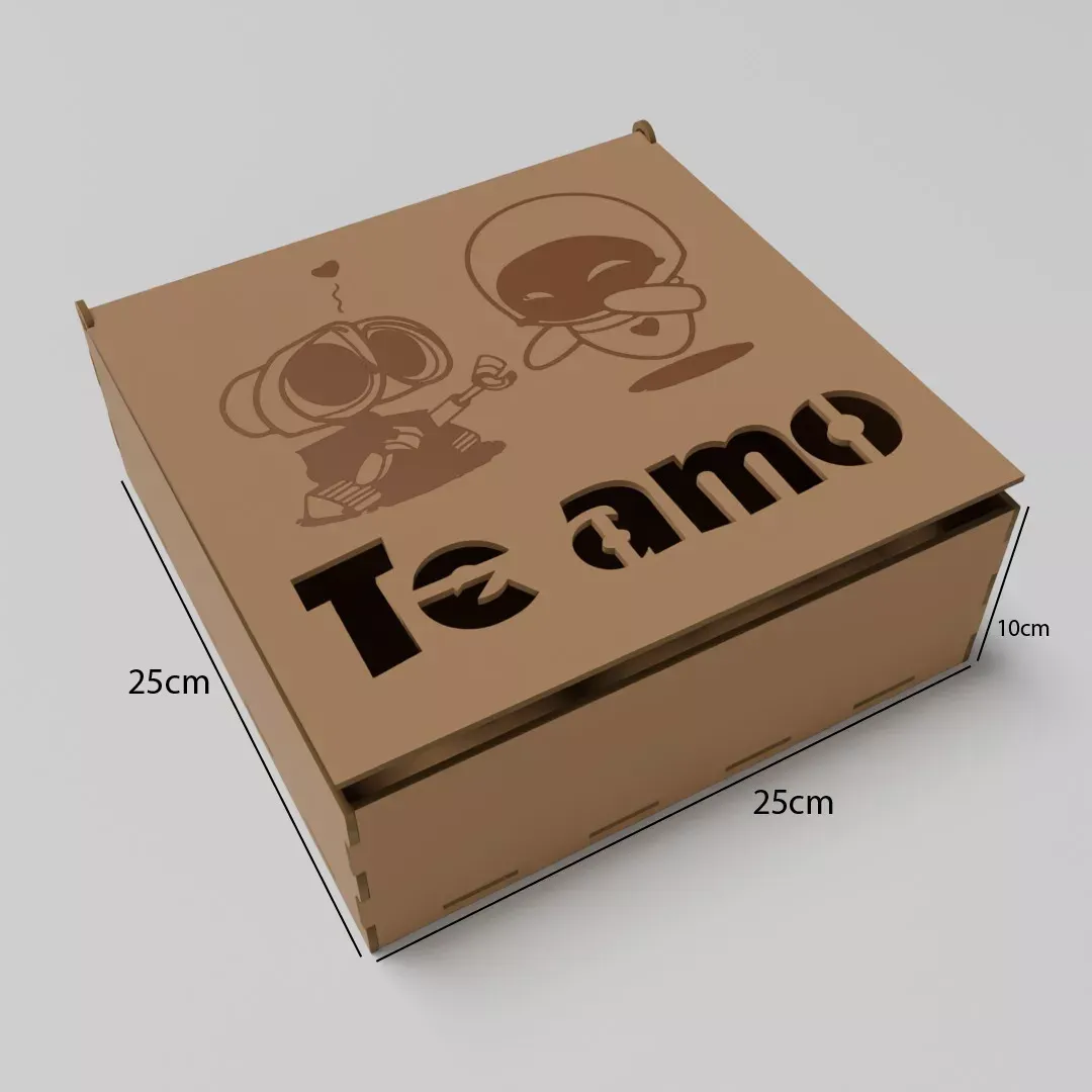 Cofre Caja Mensaje Te Amo y Figura de Wall-E y Eva en MDF V323