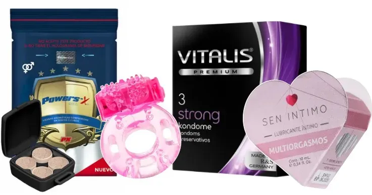 Kit Power Sex, Anillo Vibrador, Preservativo Vitalis Strong y Lubricante Multiorgasmo