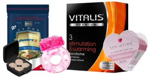 Kit Power Sex, Anillo Vibrador, Preservativo Vitalis Stimulation e warming y Lubricante Multiorgasmo