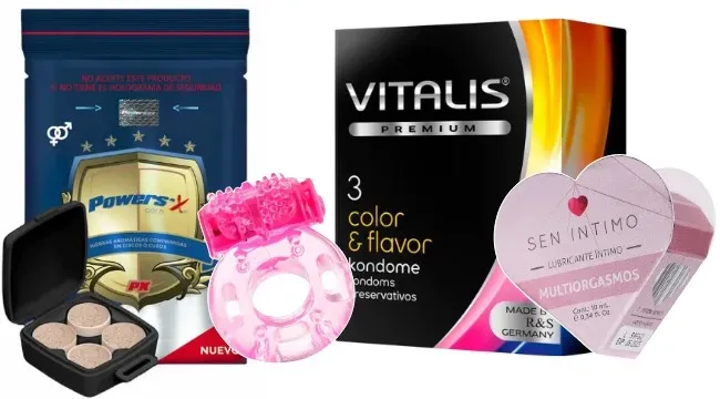 Kit Power Sex, Anillo Vibrador, Preservativo Vitalis Color e Flavor y Lubricante Multiorgasmo