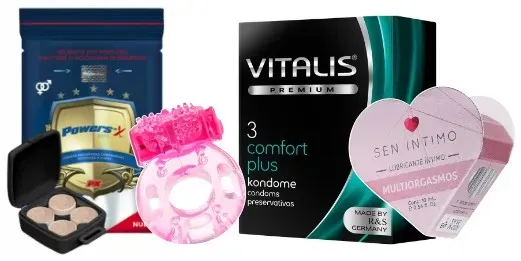 Kit Power Sex, Anillo Vibrador, Preservativo Vitalis Comfort plus y Lubricante Multiorgasmo