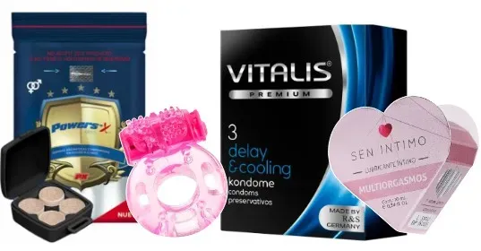 Kit Power Sex, Anillo Vibrador, Preservativo Vitalis Delay e Cooling y Lubricante Multiorgasmo