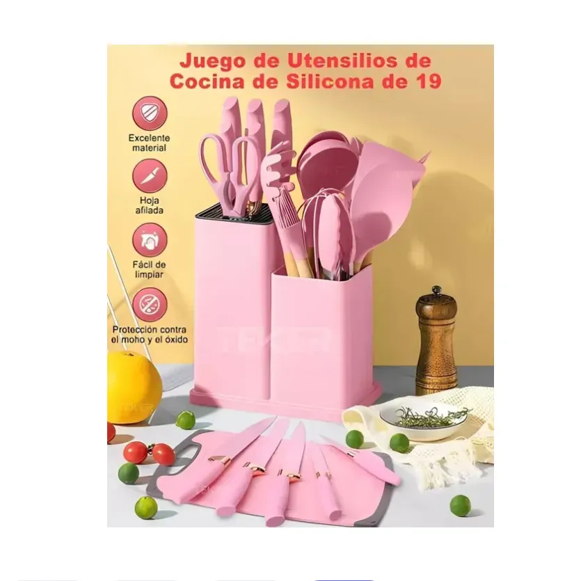 Set X 19 Utensilios De Cocina En Silicona + Set Juego Cuchillos