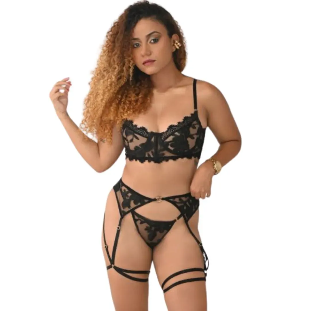 Conjunto de Lencería Martina Negro con Liguero