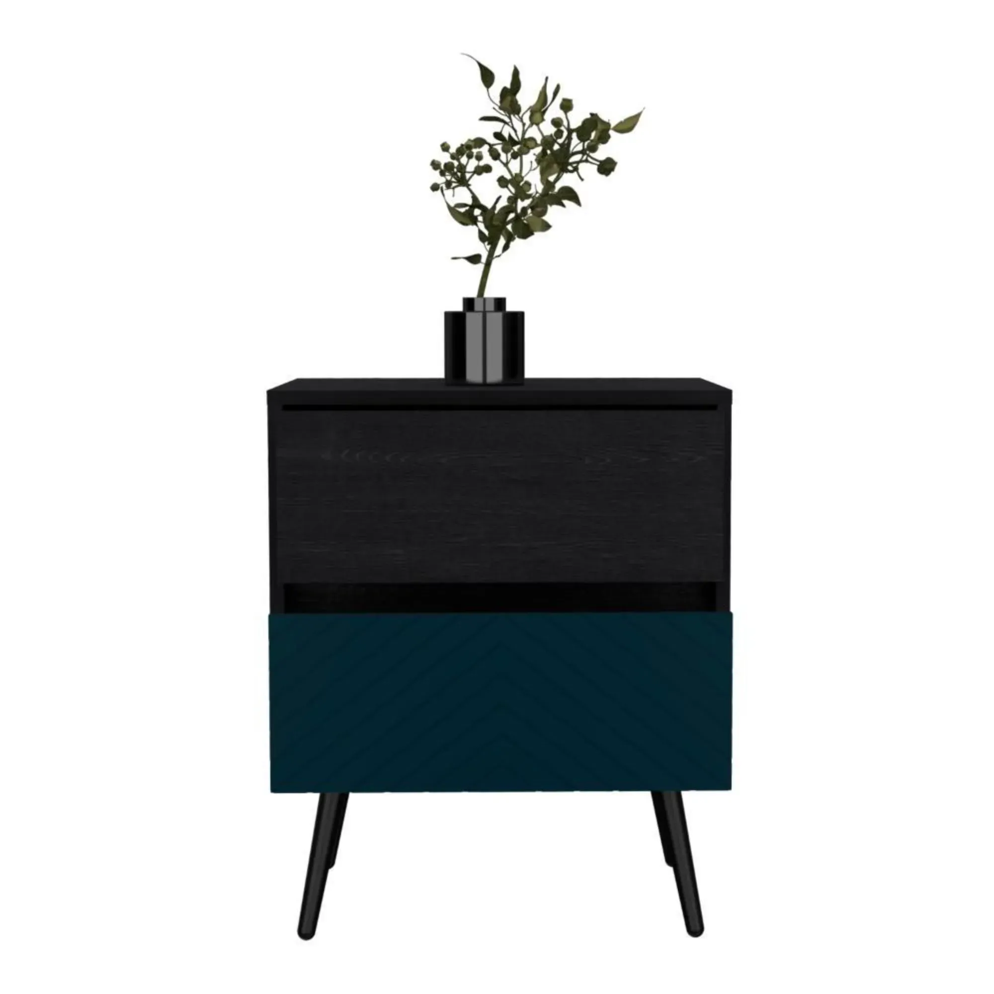 Mesa De Noche Lutso, Negro y Azul, Con Patas De Madera