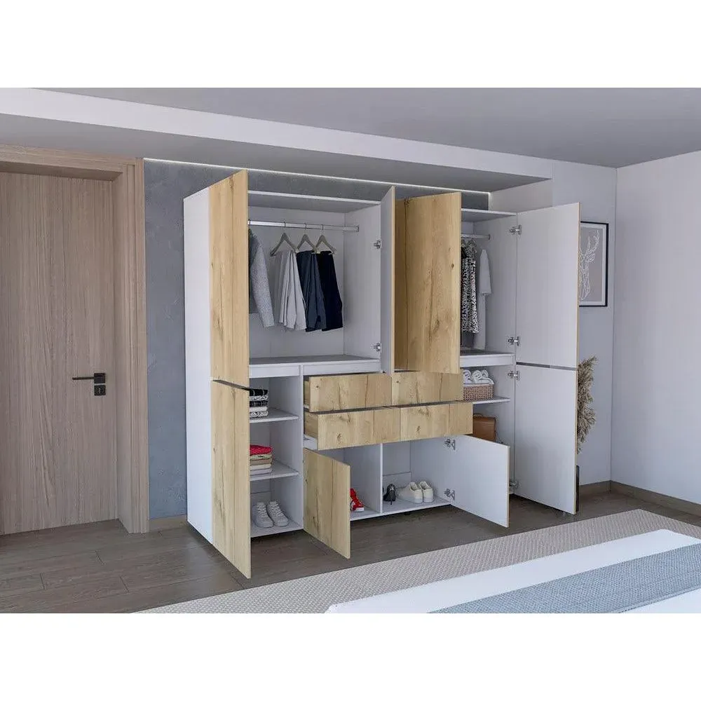 Closet Siruela, Café Claro y Blanco, con Cuatro Cajones, Ocho Puertas y Gran Capacidad de Almacenamiento