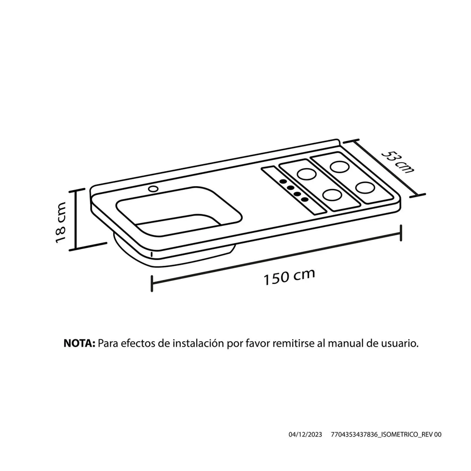 Mesón Haceb 1.50 Metros Pozuelo Izquierdo Gas Natural Con Encendido Eléctrico Haceb