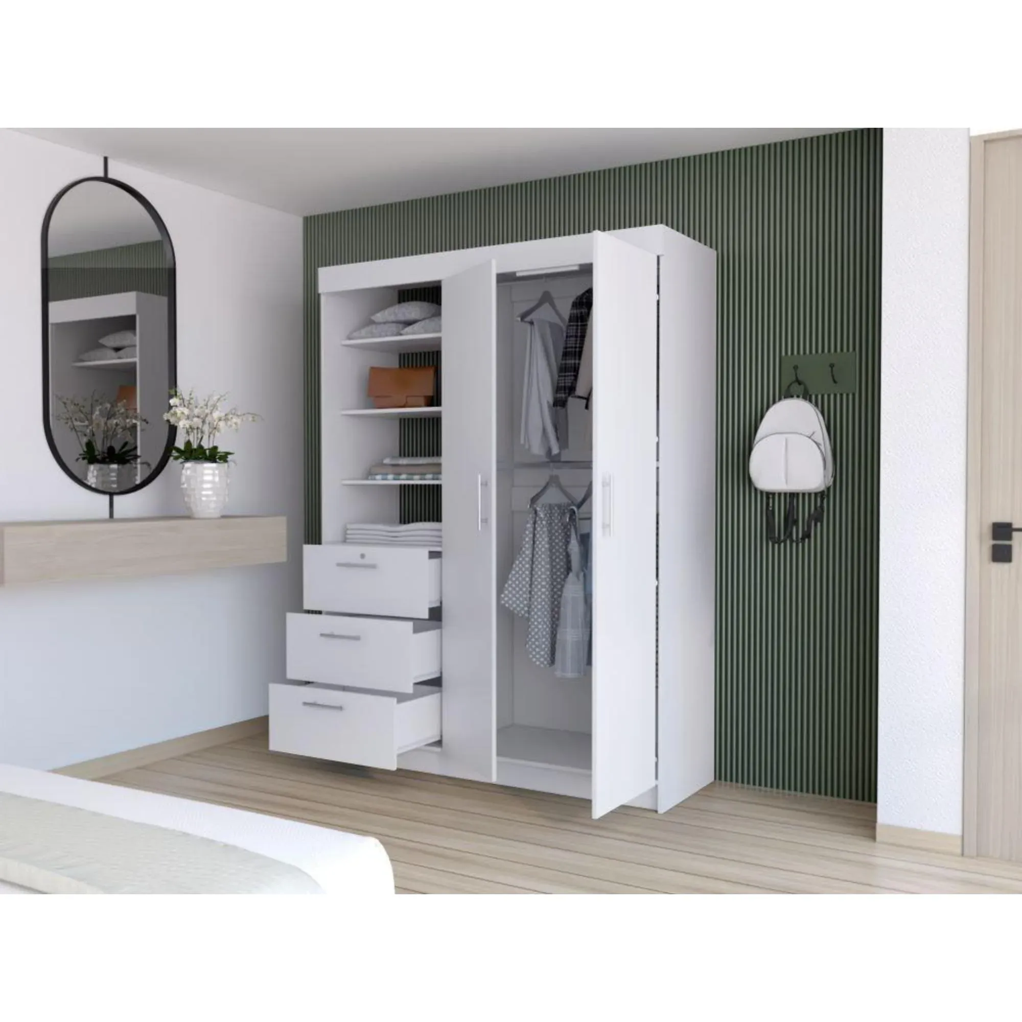 Closet Pekín, Blanco Vainilla,Con Dos Puertas Abatibles y Tres Cajones Organizadores